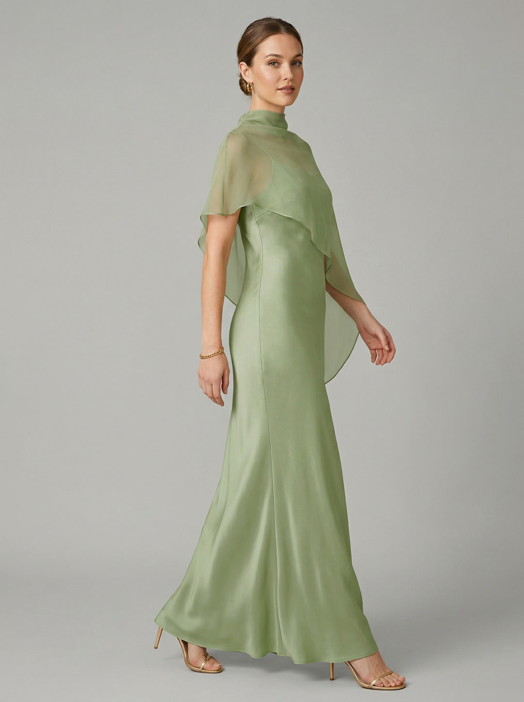 Modest Dusty Sage Satin A-Line  Square Neck Side Zip Ankle-Length Bridesmaid Dress