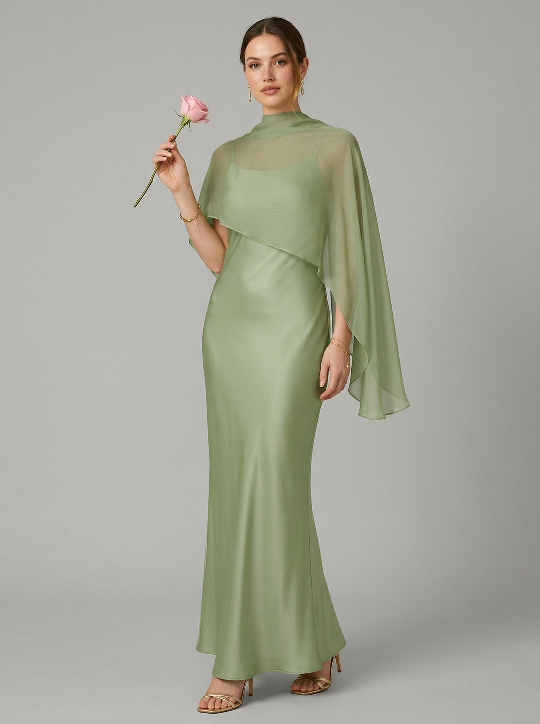 Modest Dusty Sage Satin A-Line  Square Neck Side Zip Ankle-Length Bridesmaid Dress
