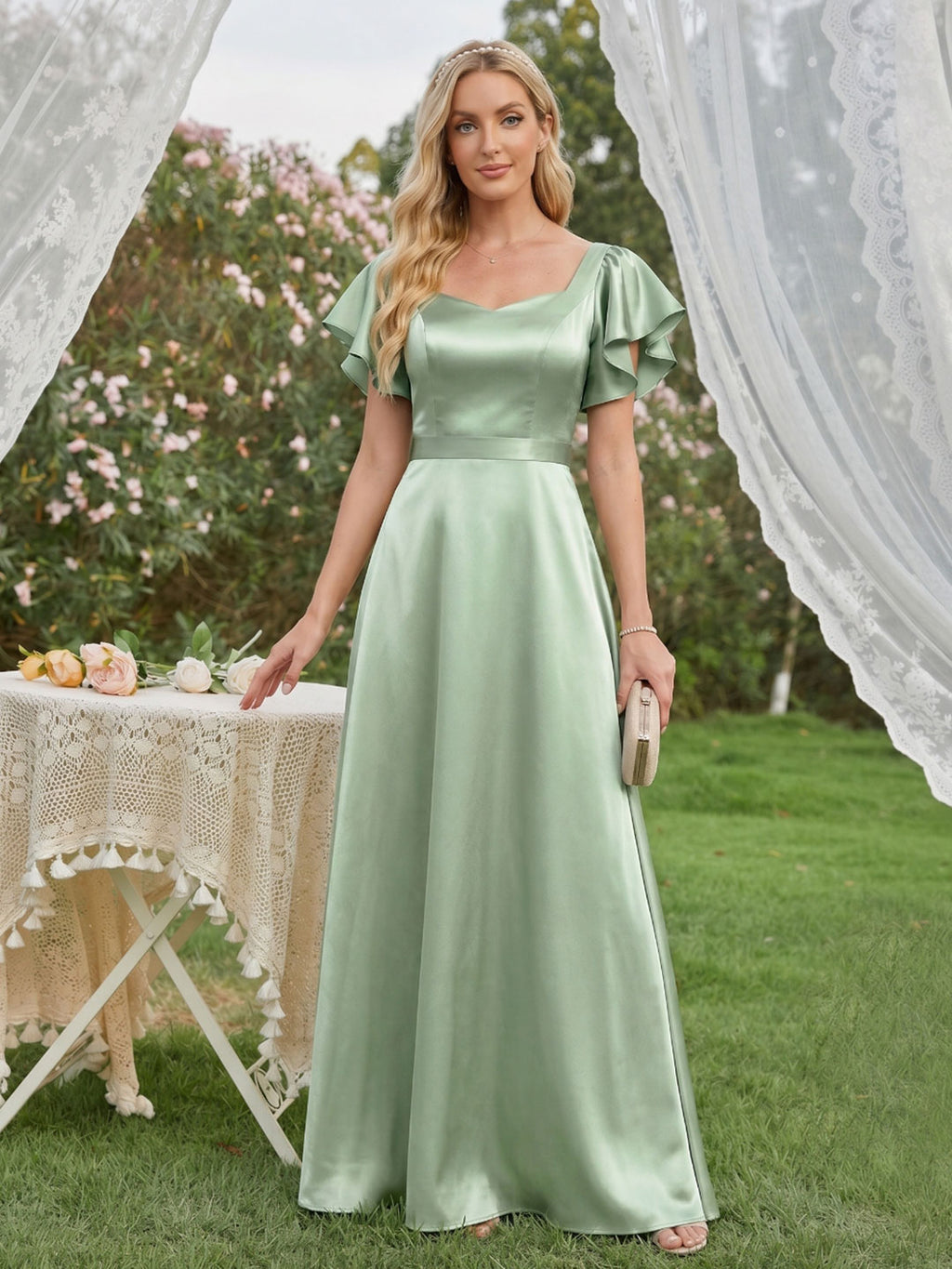 Modest Dusty Sage Satin A-Line Square Neck Backless Bow Ankle-Length Bridesmaid Dress