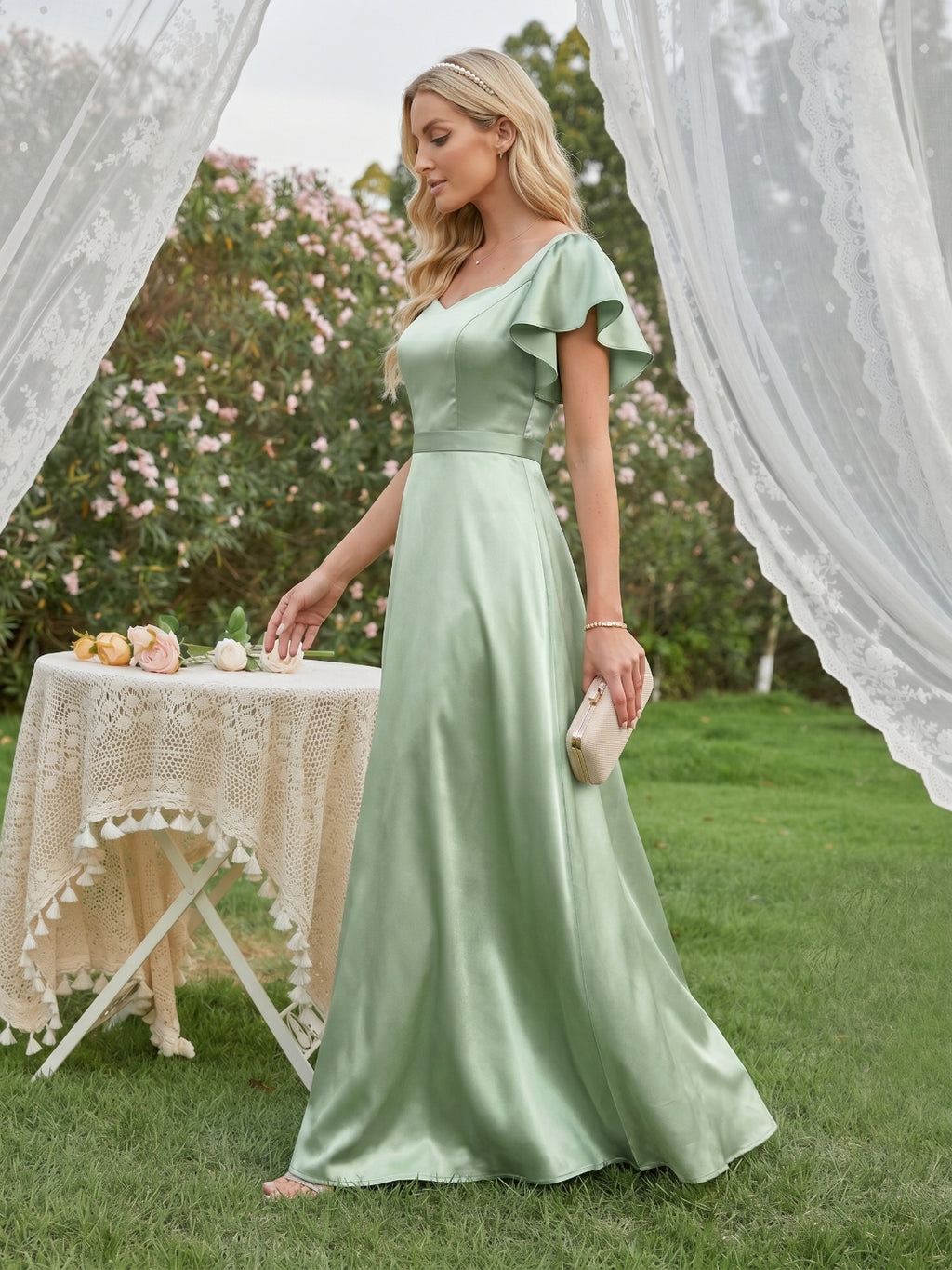 Modest Dusty Sage Satin A-Line Square Neck Backless Bow Ankle-Length Bridesmaid Dress
