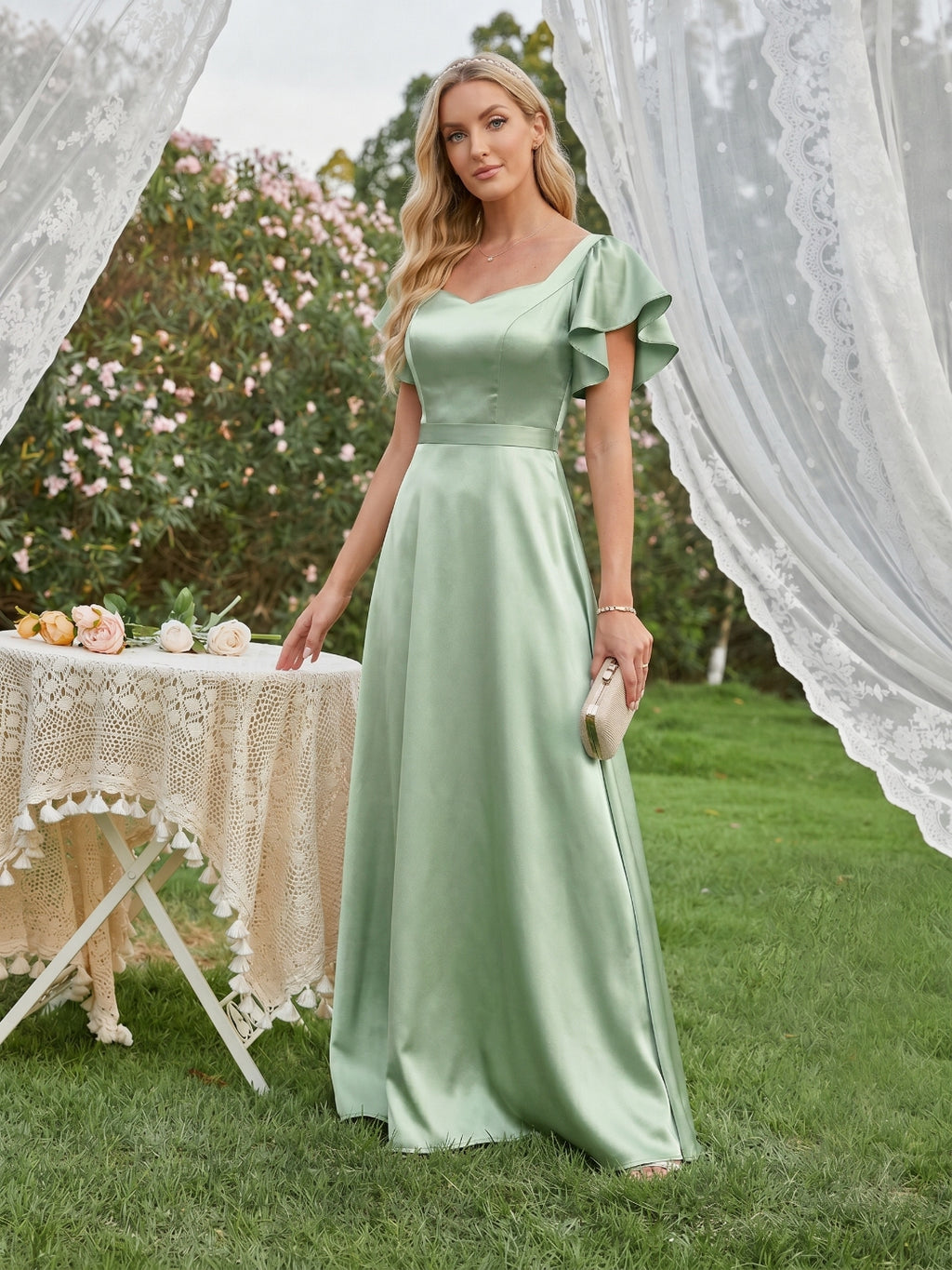 Modest Dusty Sage Satin A-Line Square Neck Backless Bow Ankle-Length Bridesmaid Dress