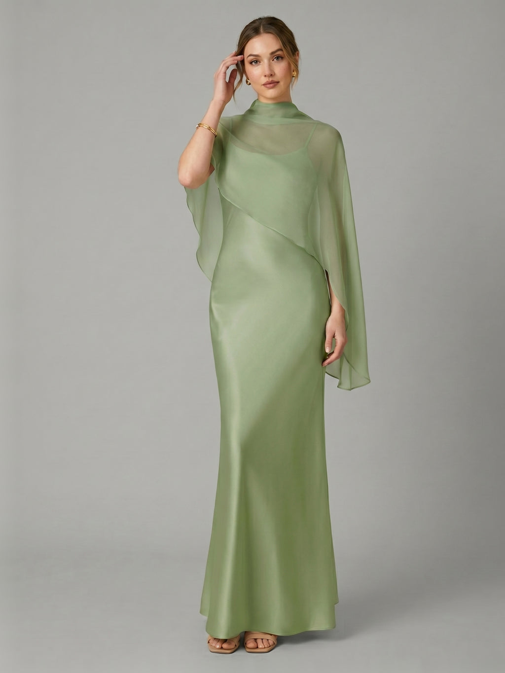 Modest Dusty Sage Satin A-Line  Square Neck Side Zip Ankle-Length Bridesmaid Dress