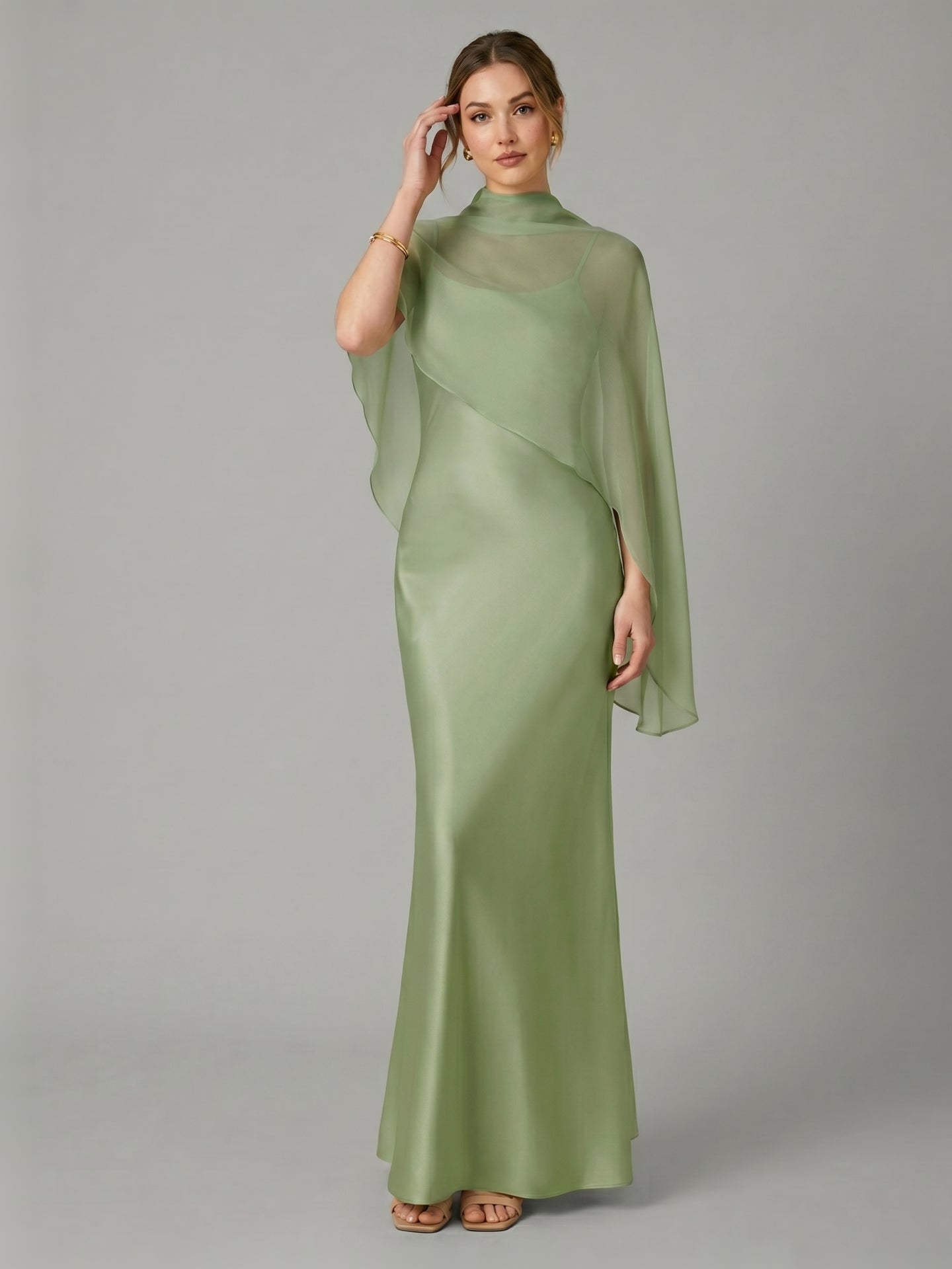 Modest Dusty Sage Satin A-Line  Square Neck Side Zip Ankle-Length Bridesmaid Dress