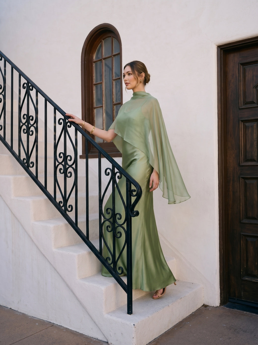 Modest Dusty Sage Satin A-Line  Square Neck Side Zip Ankle-Length Bridesmaid Dress