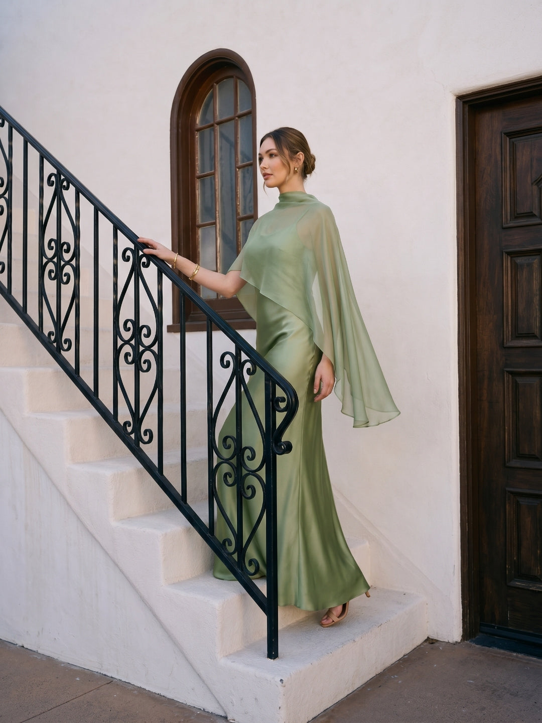 Modest Dusty Sage Satin A-Line  Square Neck Side Zip Ankle-Length Bridesmaid Dress