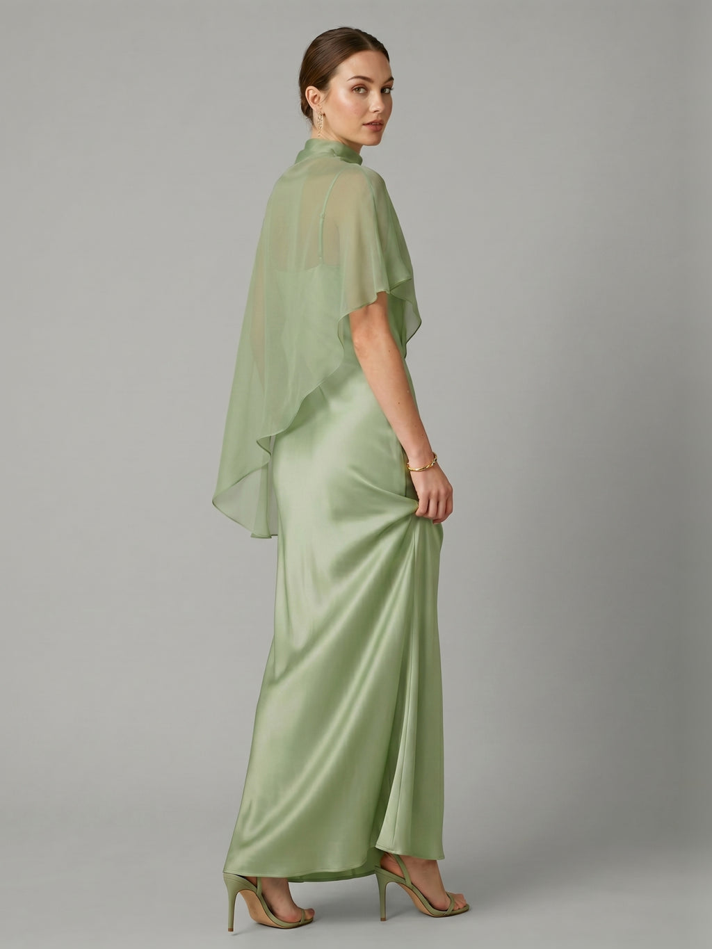 Modest Dusty Sage Satin A-Line  Square Neck Side Zip Ankle-Length Bridesmaid Dress