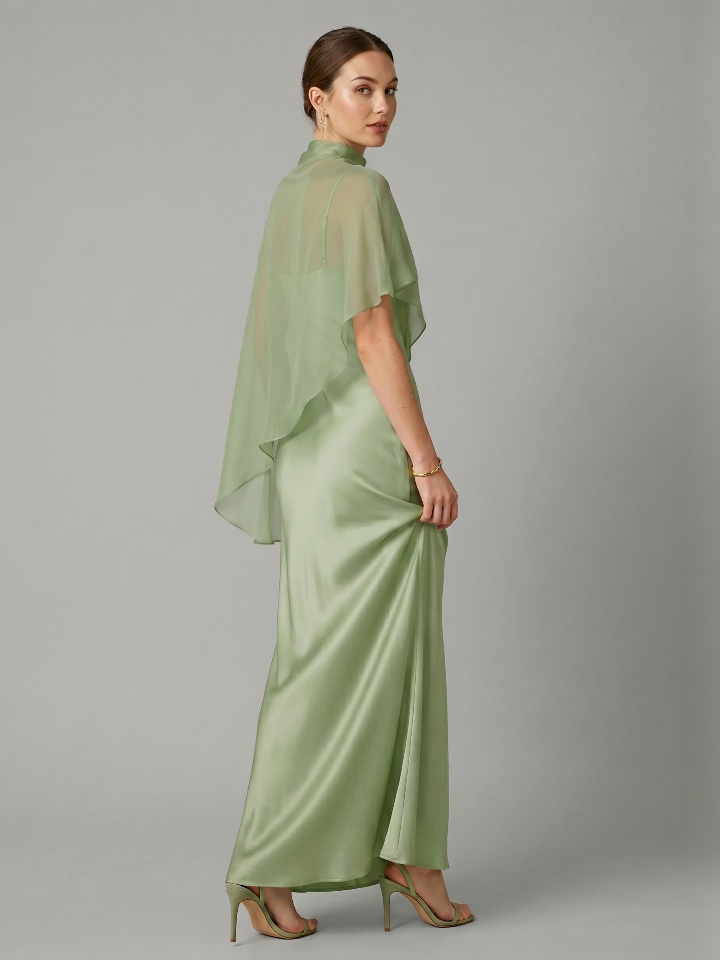 Modest Dusty Sage Satin A-Line  Square Neck Side Zip Ankle-Length Bridesmaid Dress