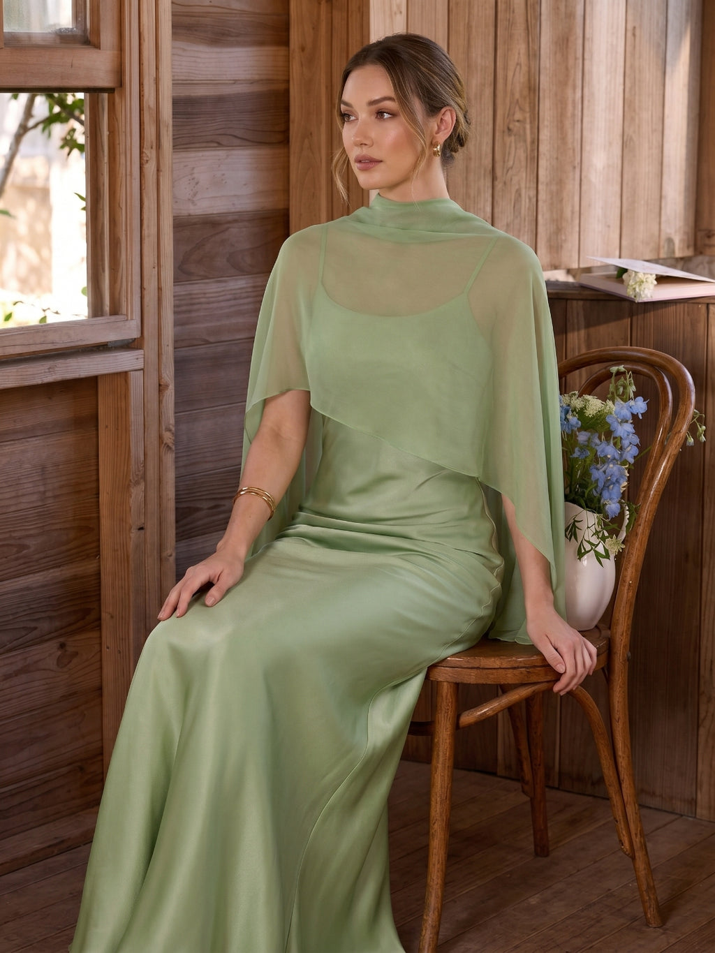 Modest Dusty Sage Satin A-Line  Square Neck Side Zip Ankle-Length Bridesmaid Dress