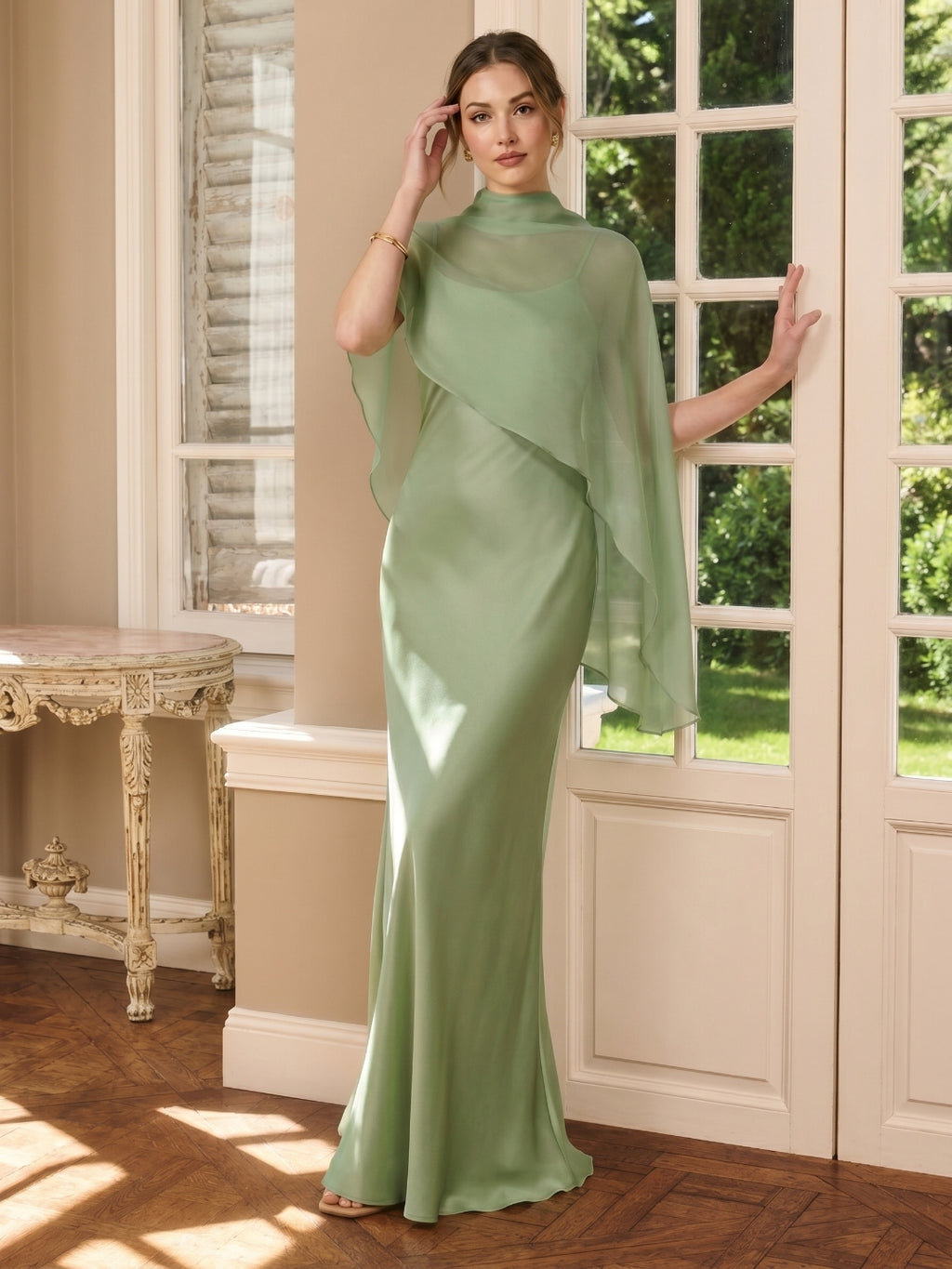 Modest Dusty Sage Satin A-Line  Square Neck Side Zip Ankle-Length Bridesmaid Dress