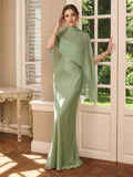 Modest Dusty Sage Satin A-Line  Square Neck Side Zip Ankle-Length Bridesmaid Dress