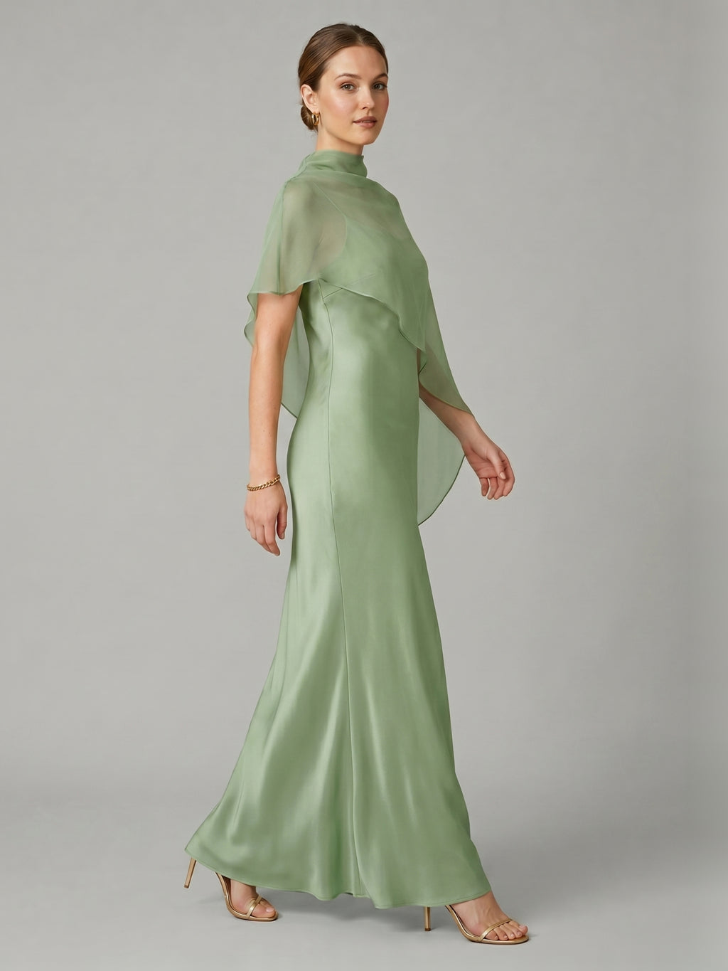 Modest Dusty Sage Satin A-Line  Square Neck Side Zip Ankle-Length Bridesmaid Dress