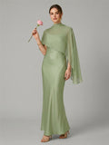 Modest Dusty Sage Satin A-Line  Square Neck Side Zip Ankle-Length Bridesmaid Dress