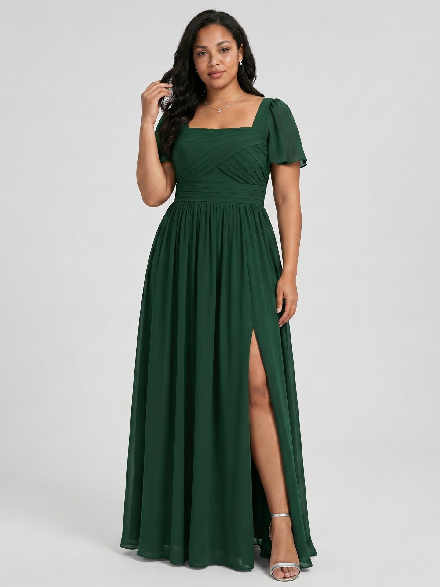 Modest Forest Green Chiffon A-Line Square Neck Back Zip with Pleated Ankle-Length Bridesmaid Dress