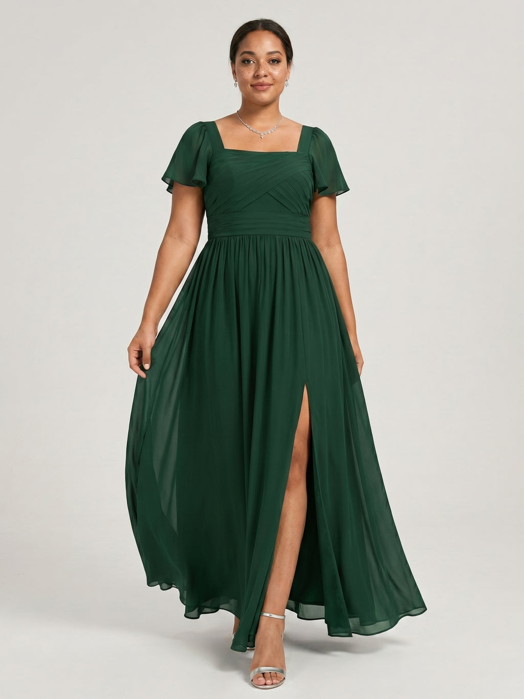 Modest Forest Green Chiffon A-Line Square Neck Back Zip with Pleated Ankle-Length Bridesmaid Dress