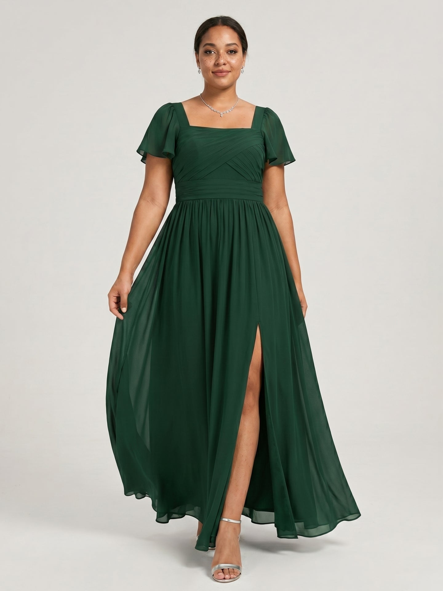 Modest Forest Green Chiffon A-Line Square Neck Back Zip with Pleated Ankle-Length Bridesmaid Dress