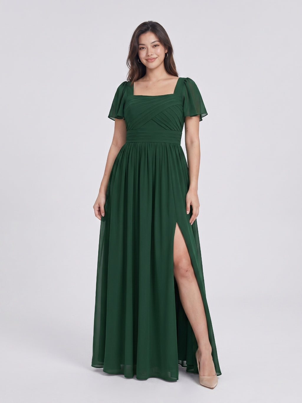 Modest Forest Green Chiffon A-Line Square Neck Back Zip with Pleated Ankle-Length Bridesmaid Dress
