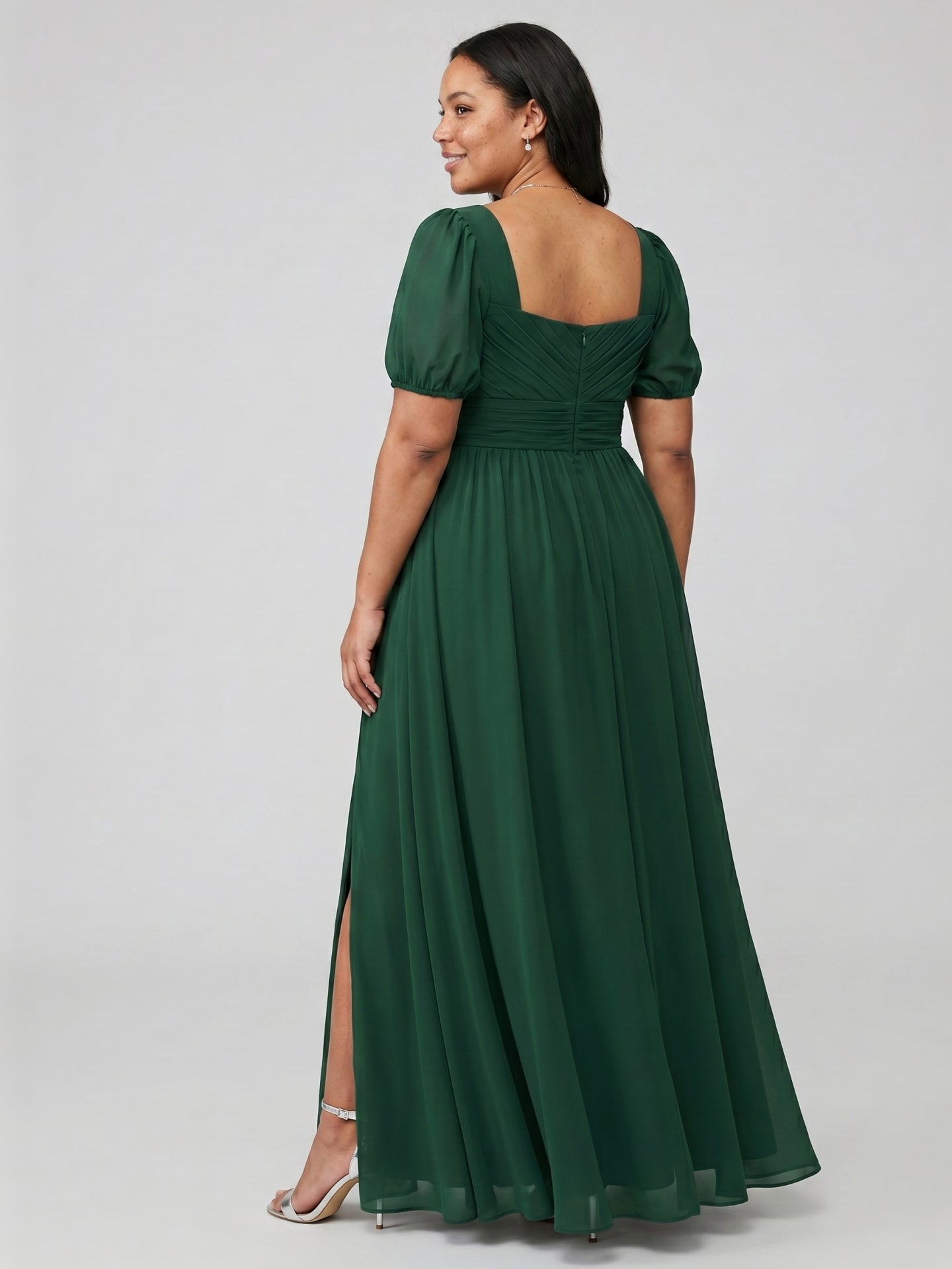 Modest Forest Green Chiffon A-Line Square Neck Back Zip with Pleated Ankle-Length Bridesmaid Dress