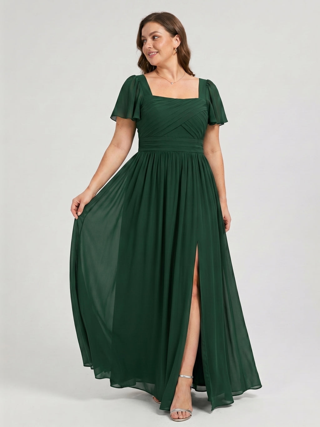 Modest Forest Green Chiffon A-Line Square Neck Back Zip with Pleated Ankle-Length Bridesmaid Dress