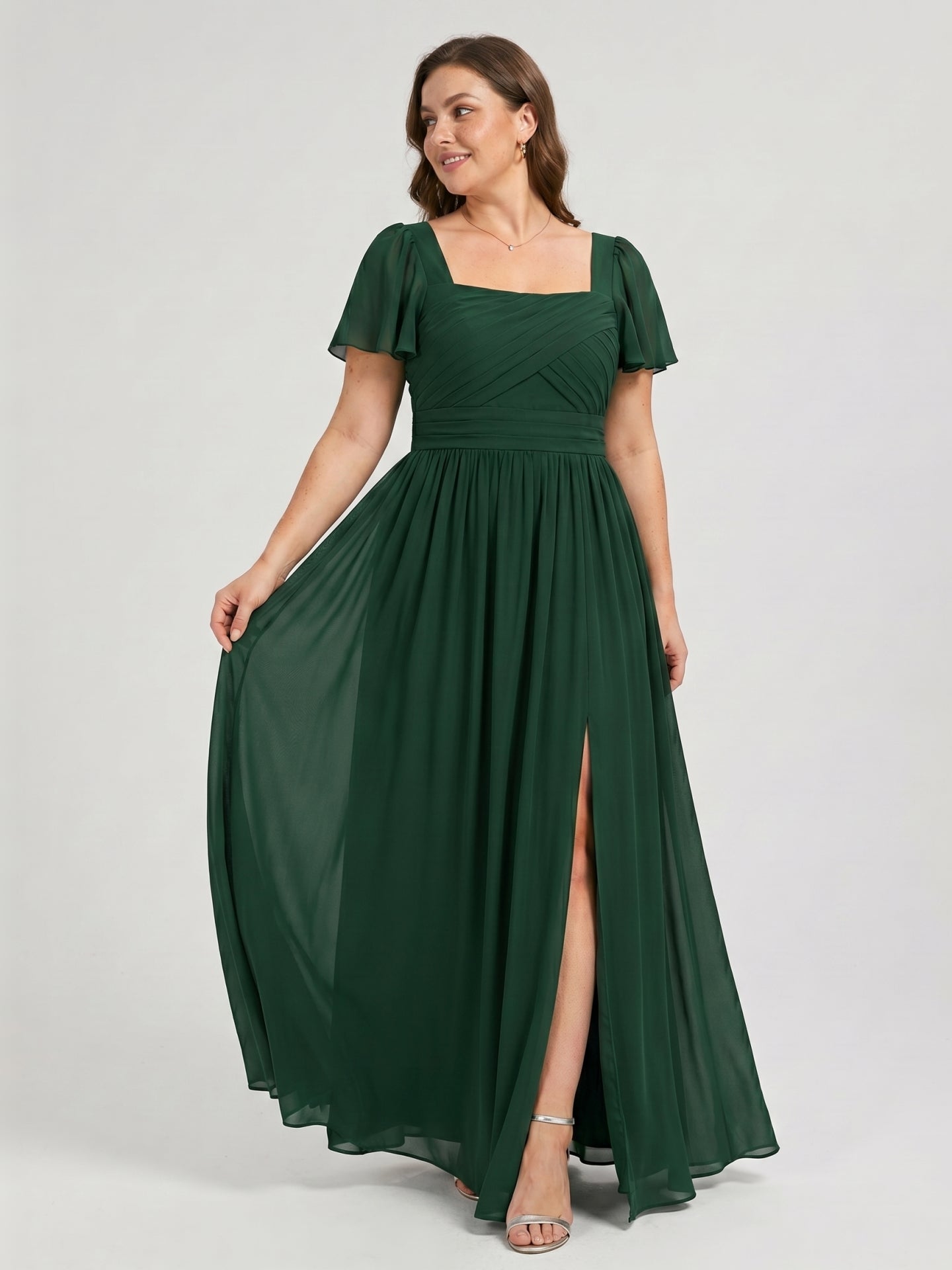 Modest Forest Green Chiffon A-Line Square Neck Back Zip with Pleated Ankle-Length Bridesmaid Dress