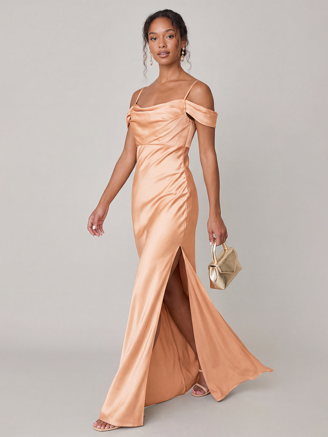 Modest Gold Satin A-Line Straight Neck Backless Ankle-Length Bridesmaid Dress