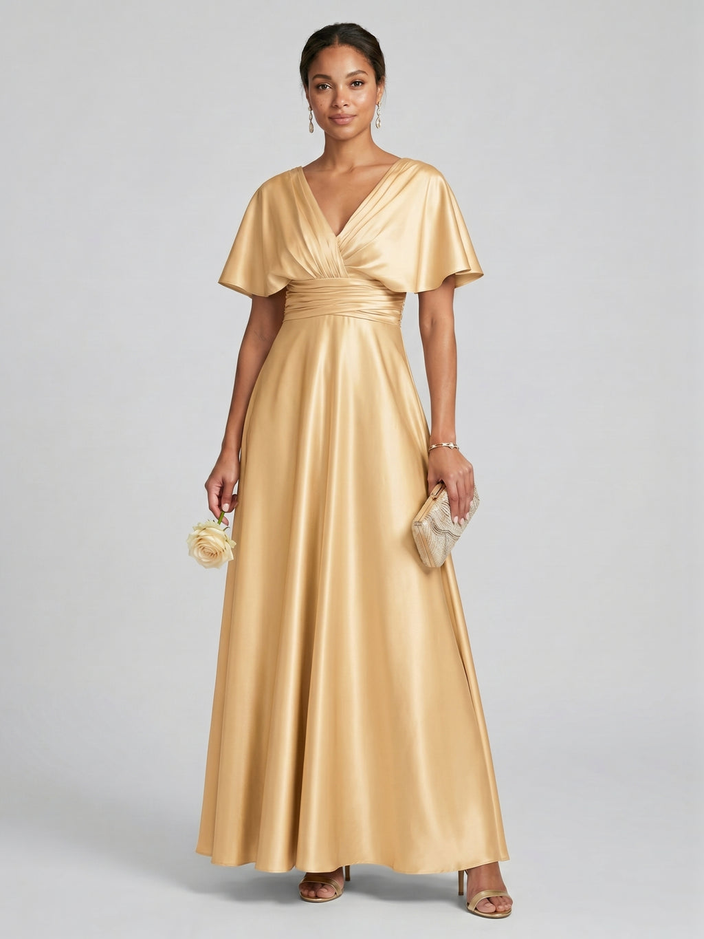 Modest Gold Satin A-line V-Neck V-Back Ankle-Length Bridesmaid Dress
