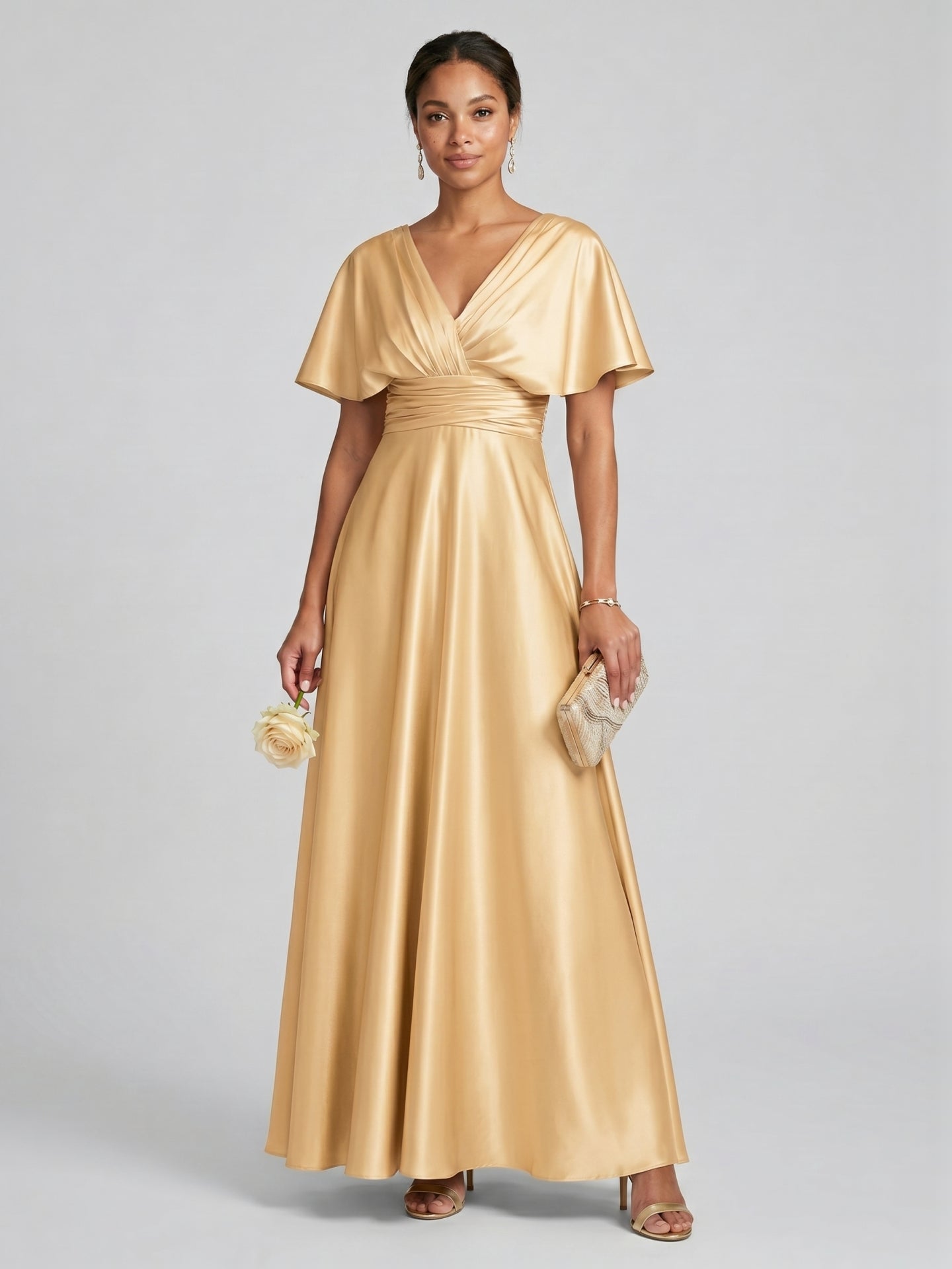Modest Gold Satin A-line V-Neck V-Back Ankle-Length Bridesmaid Dress