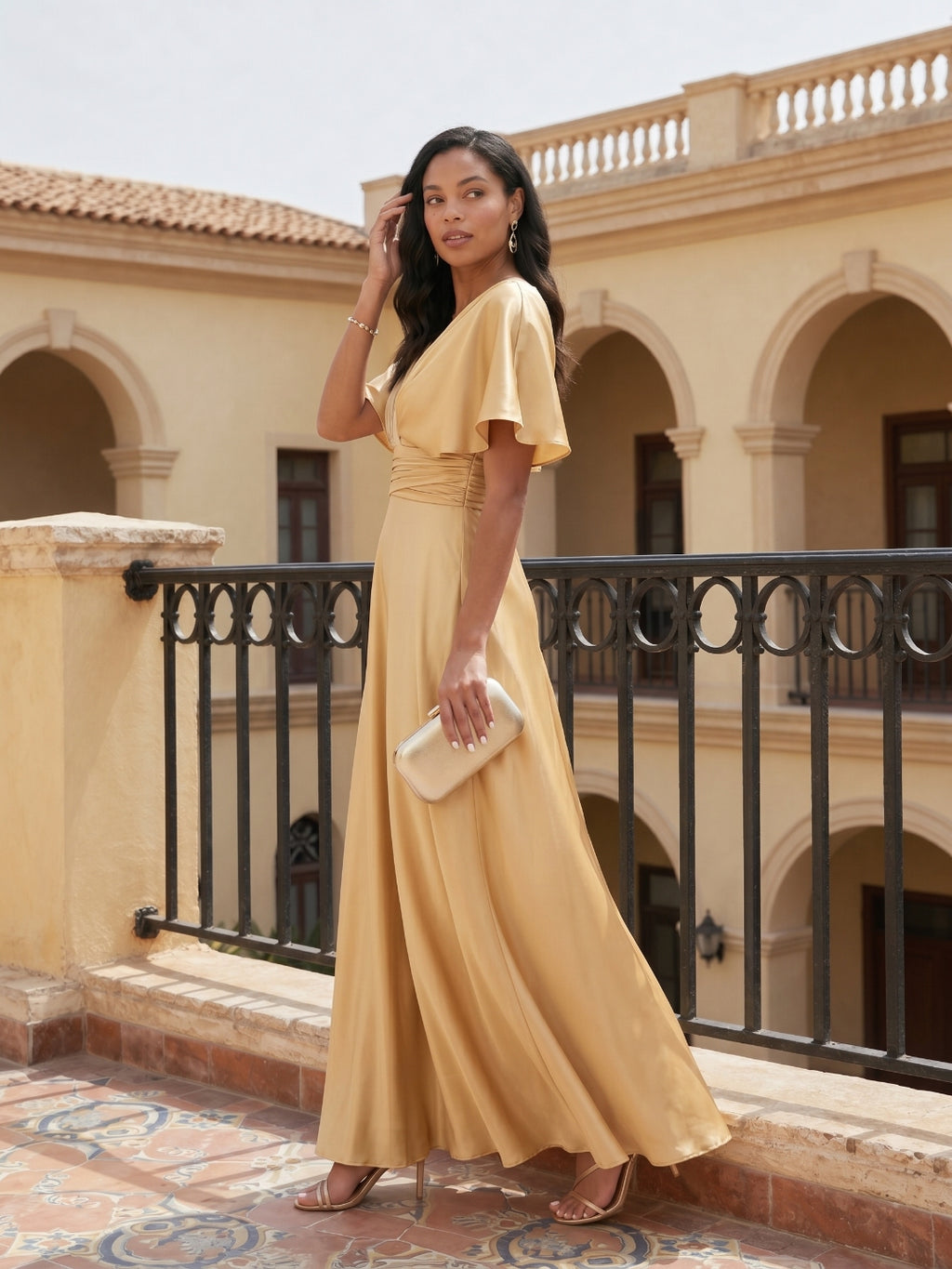 Modest Gold Satin A-line V-Neck V-Back Ankle-Length Bridesmaid Dress