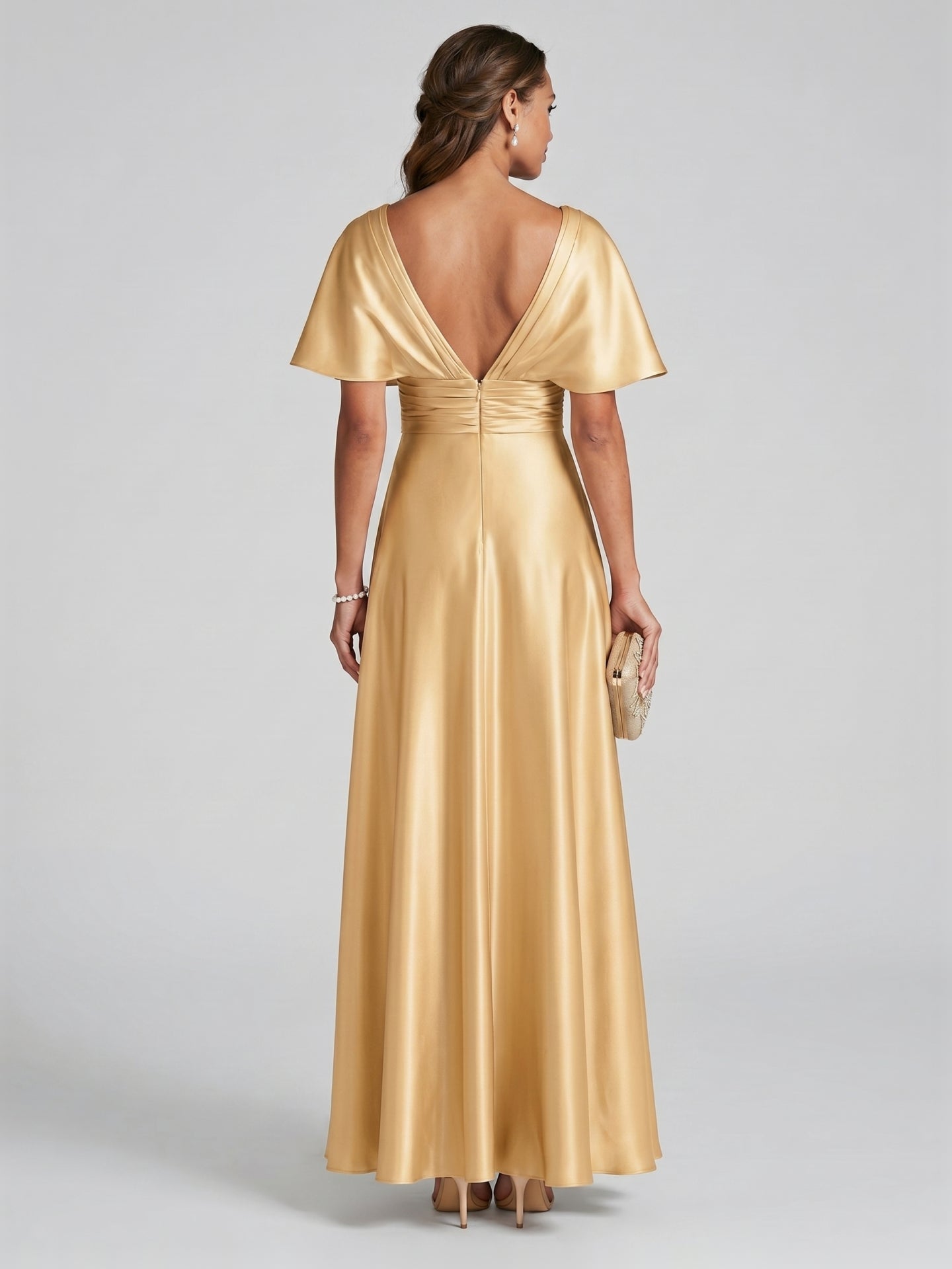 Modest Gold Satin A-line V-Neck V-Back Ankle-Length Bridesmaid Dress