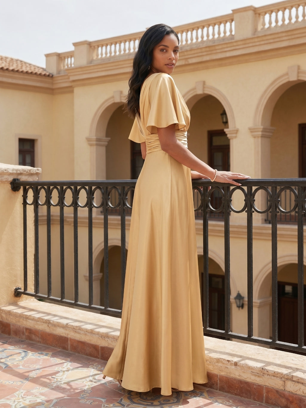 Modest Gold Satin A-line V-Neck V-Back Ankle-Length Bridesmaid Dress