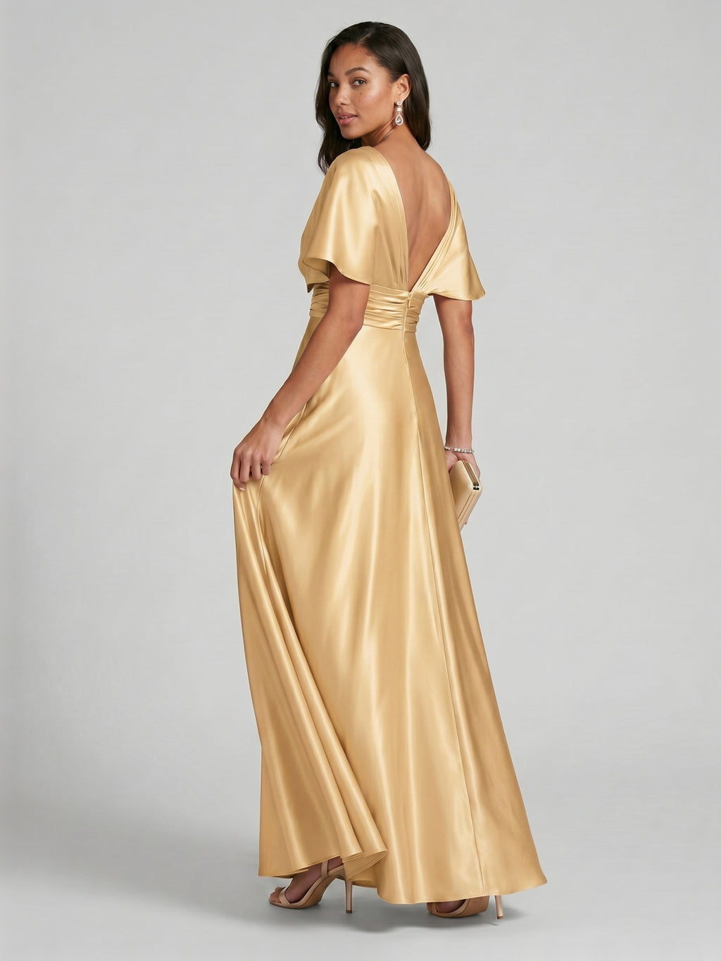 Modest Gold Satin A-line V-Neck V-Back Ankle-Length Bridesmaid Dress