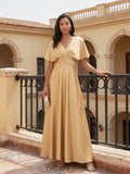 Modest Gold Satin A-line V-Neck V-Back Ankle-Length Bridesmaid Dress