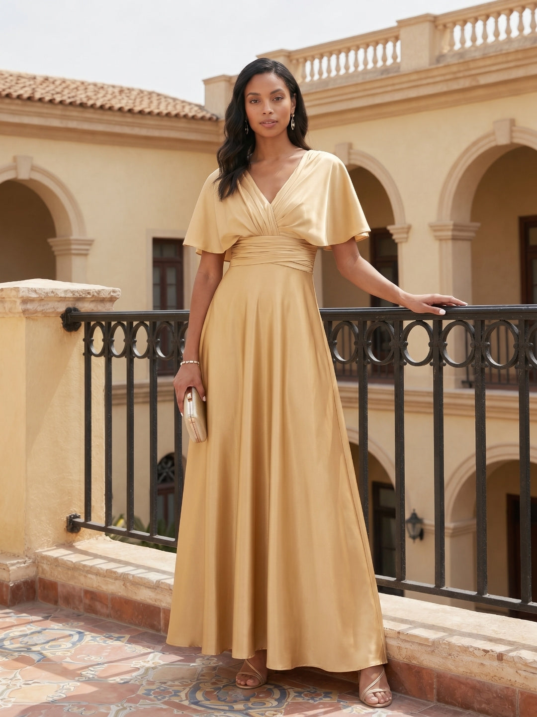 Modest Gold Satin A-line V-Neck V-Back Ankle-Length Bridesmaid Dress