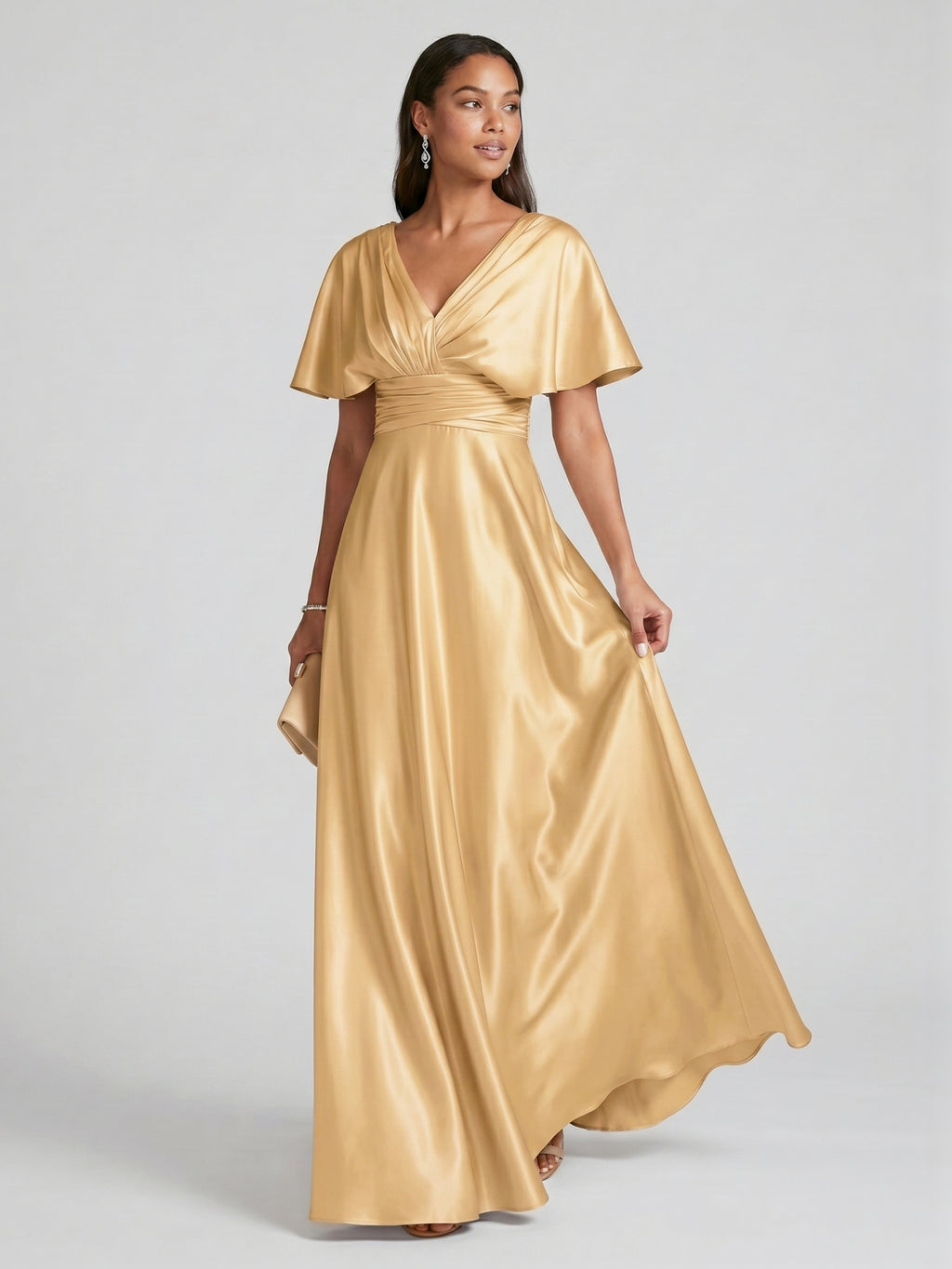 Modest Gold Satin A-line V-Neck V-Back Ankle-Length Bridesmaid Dress