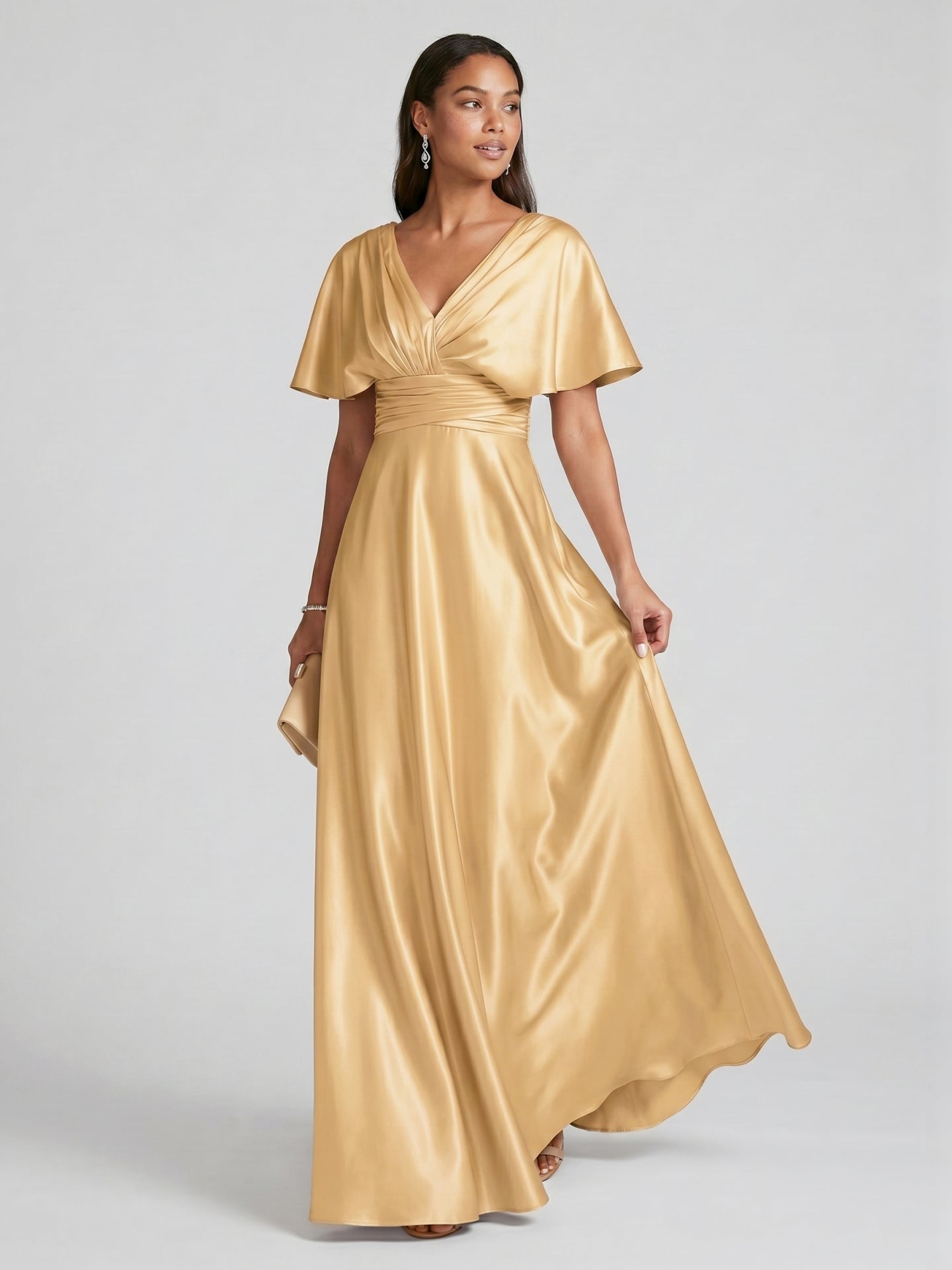 Modest Gold Satin A-line V-Neck V-Back Ankle-Length Bridesmaid Dress