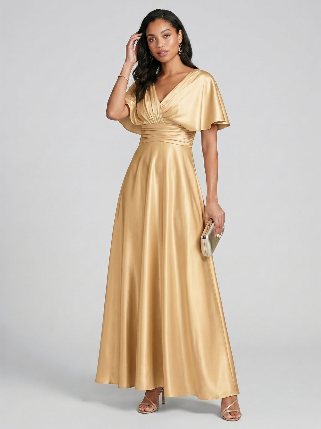 Modest Gold Satin A-line V-Neck V-Back Ankle-Length Bridesmaid Dress