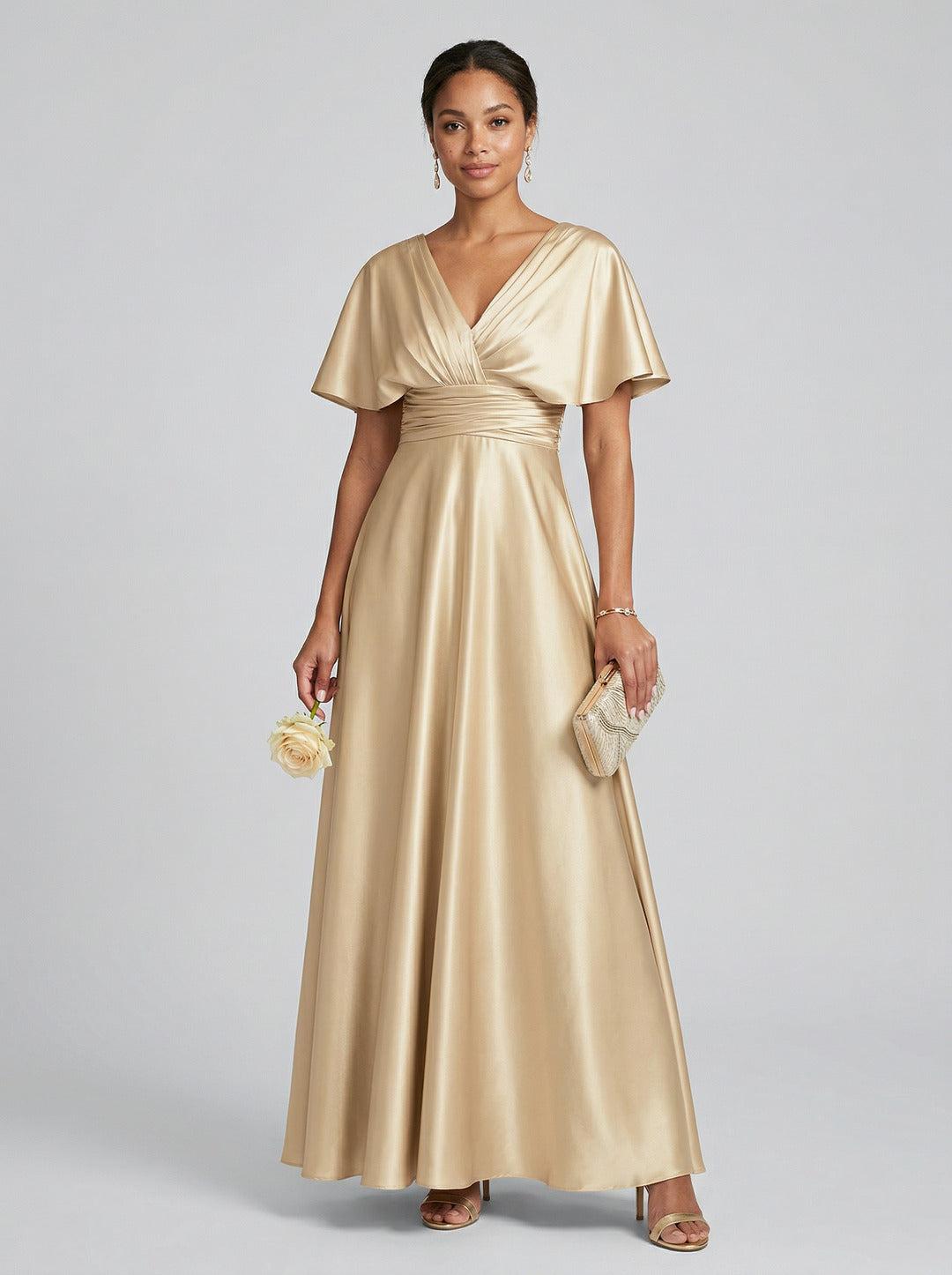 Modest Gold Satin A-line V-Neck V-Back Ankle-Length Bridesmaid Dress