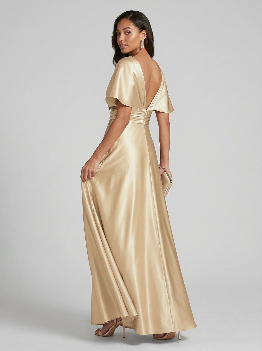 Modest Gold Satin A-line V-Neck V-Back Ankle-Length Bridesmaid Dress