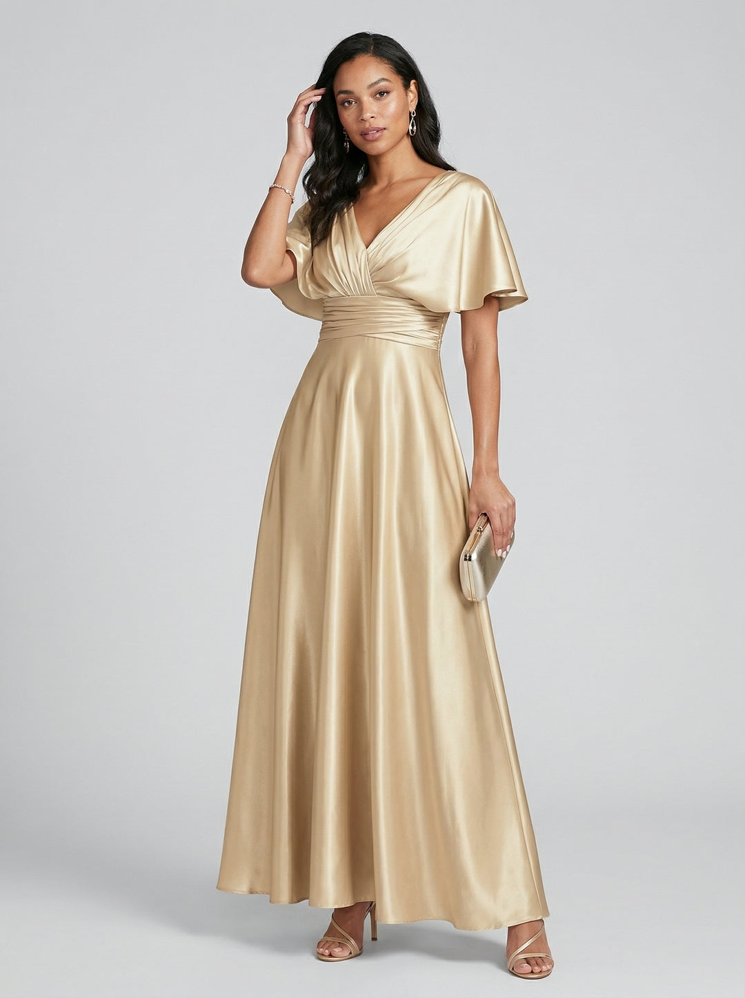 Modest Gold Satin A-line V-Neck V-Back Ankle-Length Bridesmaid Dress