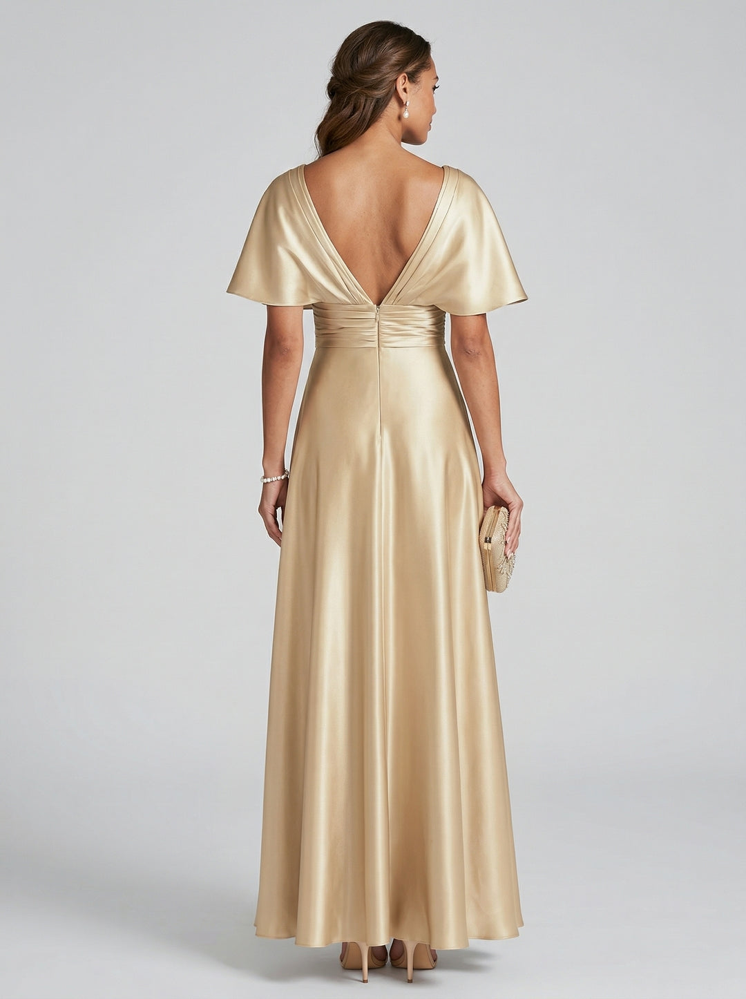 Modest Gold Satin A-line V-Neck V-Back Ankle-Length Bridesmaid Dress