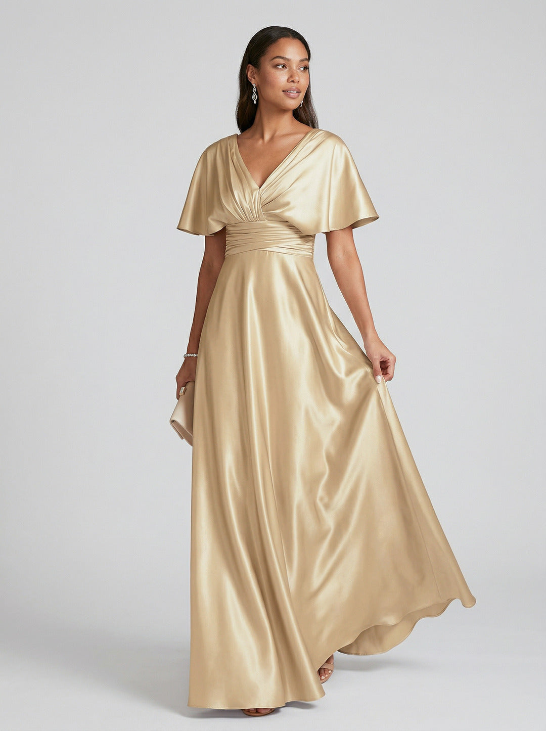Modest Gold Satin A-line V-Neck V-Back Ankle-Length Bridesmaid Dress