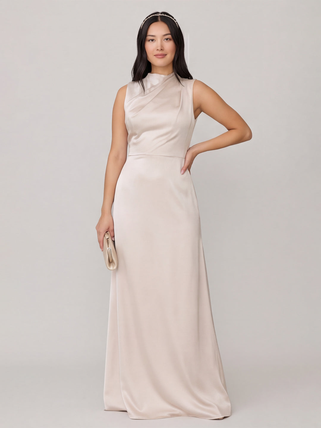 Modest Ivory Satin Sheath Scoop Neck Back Zip Ankle-Length Bridesmaid Dress