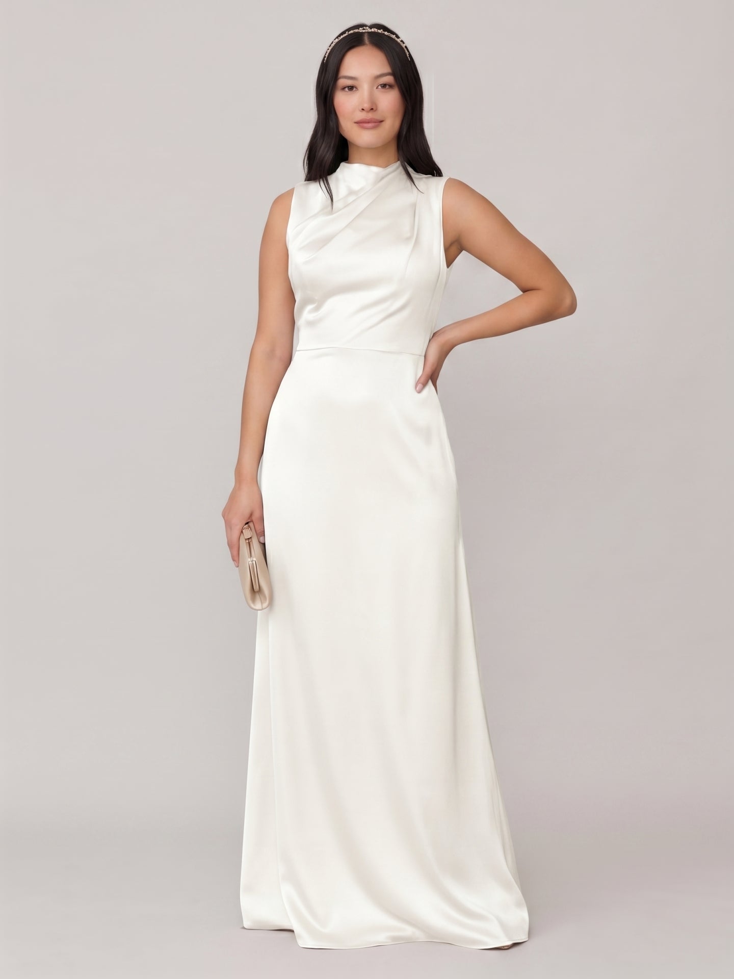 Modest Ivory Satin Sheath Scoop Neck Back Zip Ankle-Length Bridesmaid Dress