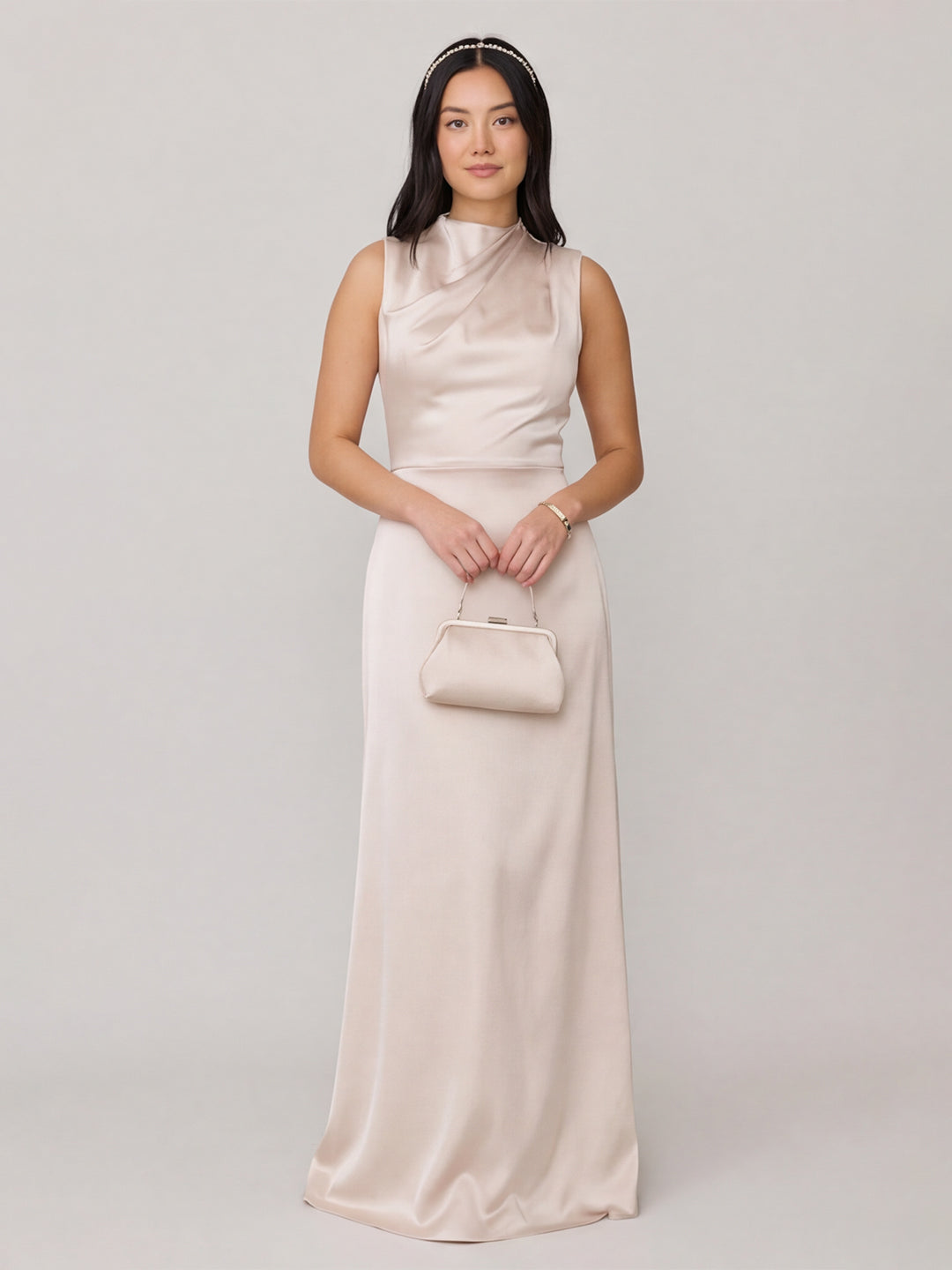 Modest Ivory Satin Sheath Scoop Neck Back Zip Ankle-Length Bridesmaid Dress