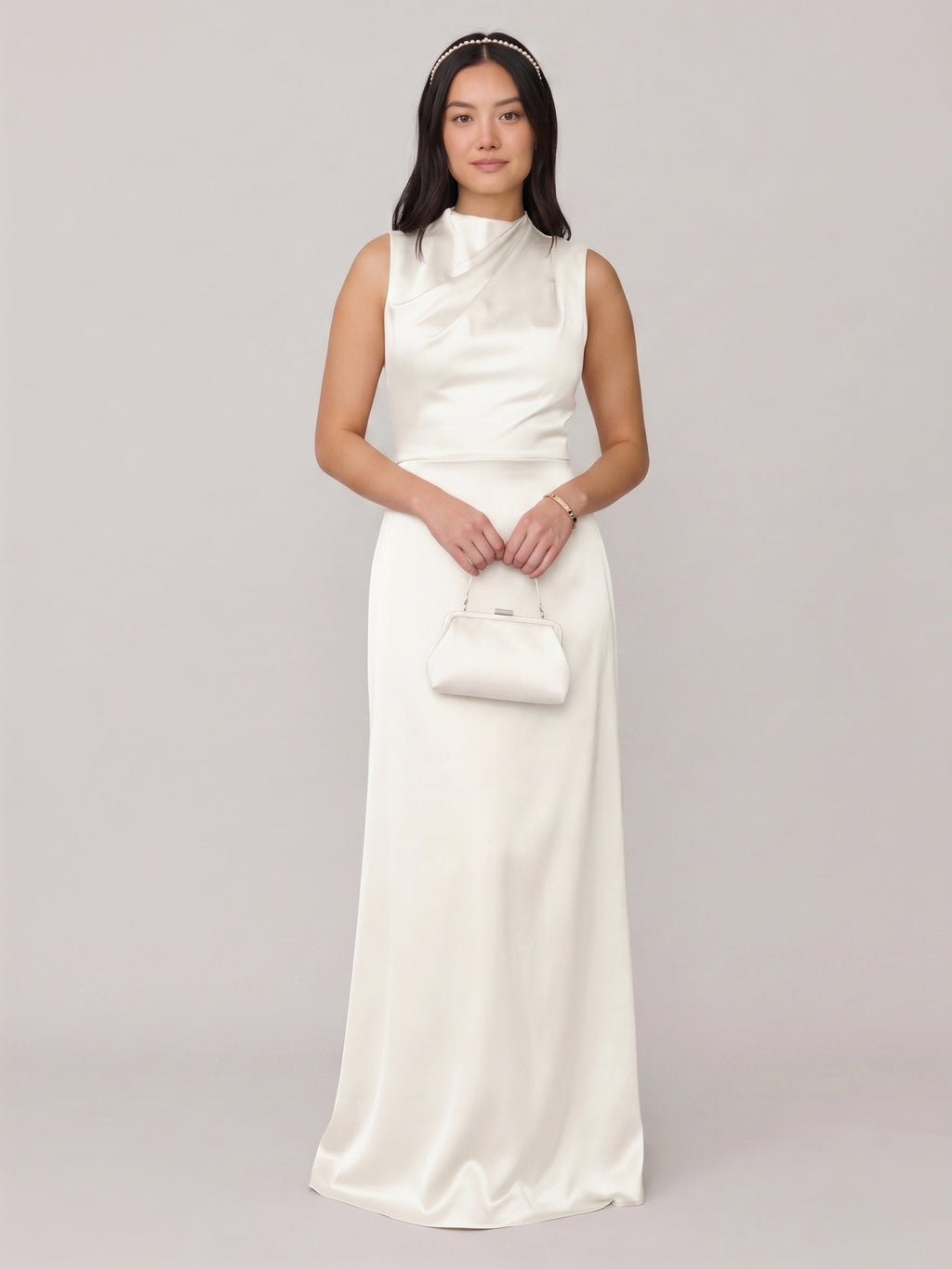 Modest Ivory Satin Sheath Scoop Neck Back Zip Ankle-Length Bridesmaid Dress