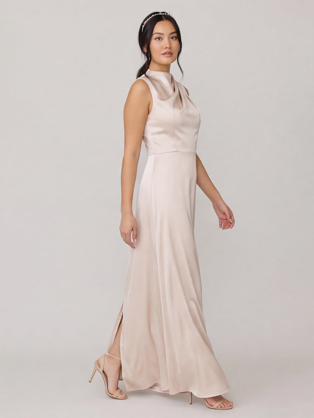 Modest Ivory Satin Sheath Scoop Neck Back Zip Ankle-Length Bridesmaid Dress
