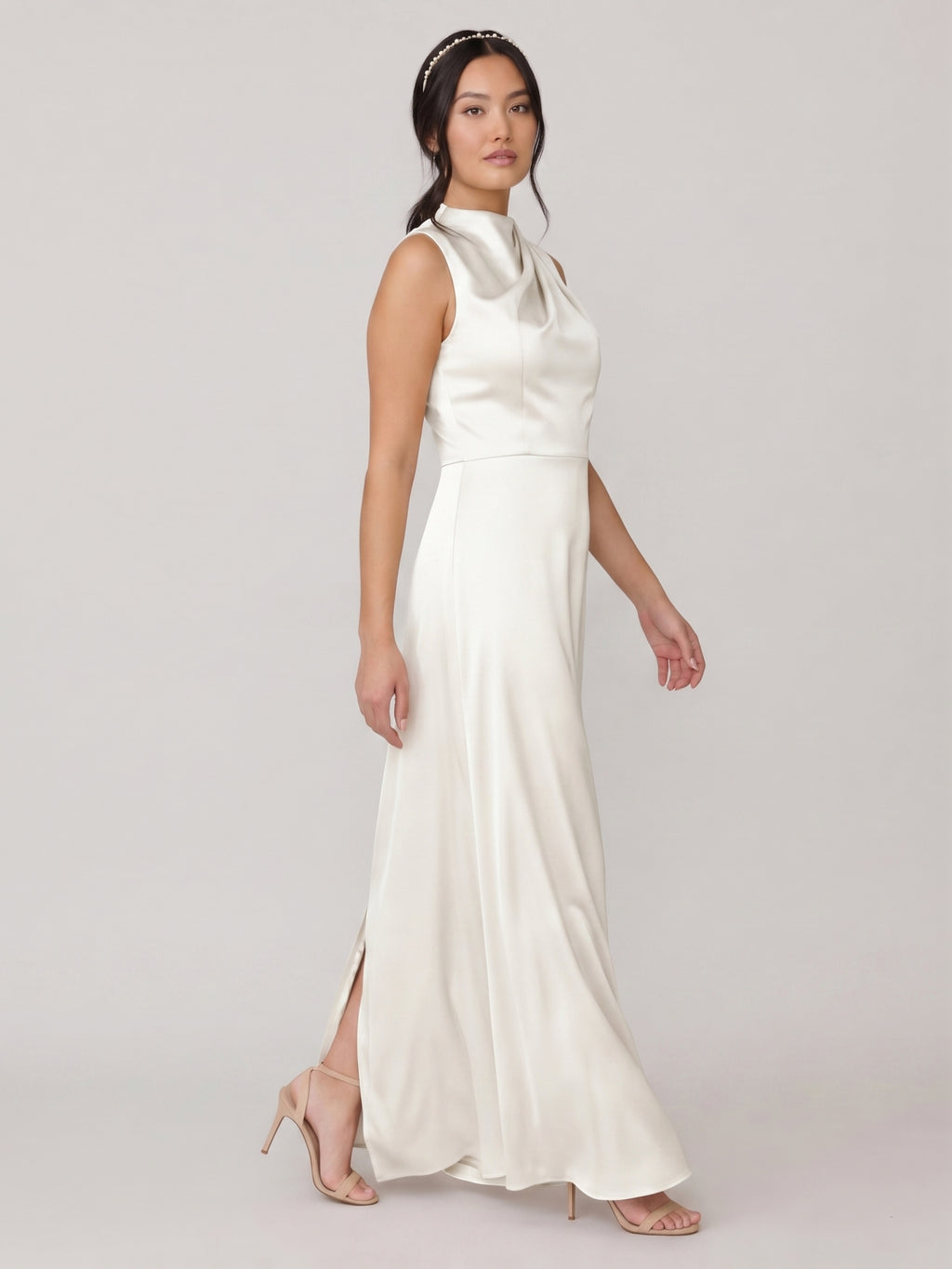 Modest Ivory Satin Sheath Scoop Neck Back Zip Ankle-Length Bridesmaid Dress