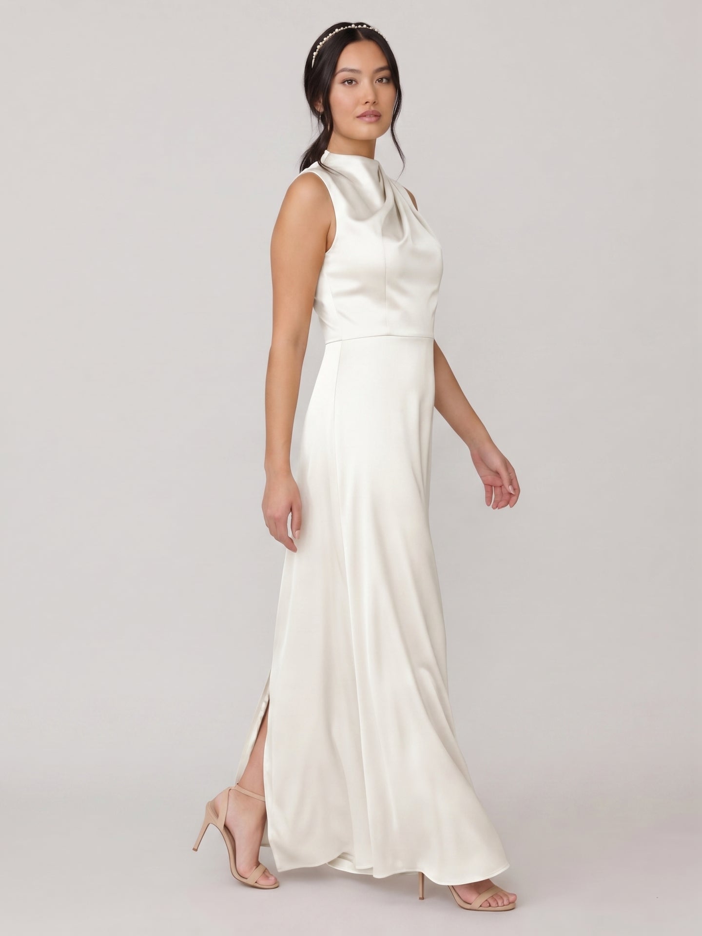 Modest Ivory Satin Sheath Scoop Neck Back Zip Ankle-Length Bridesmaid Dress