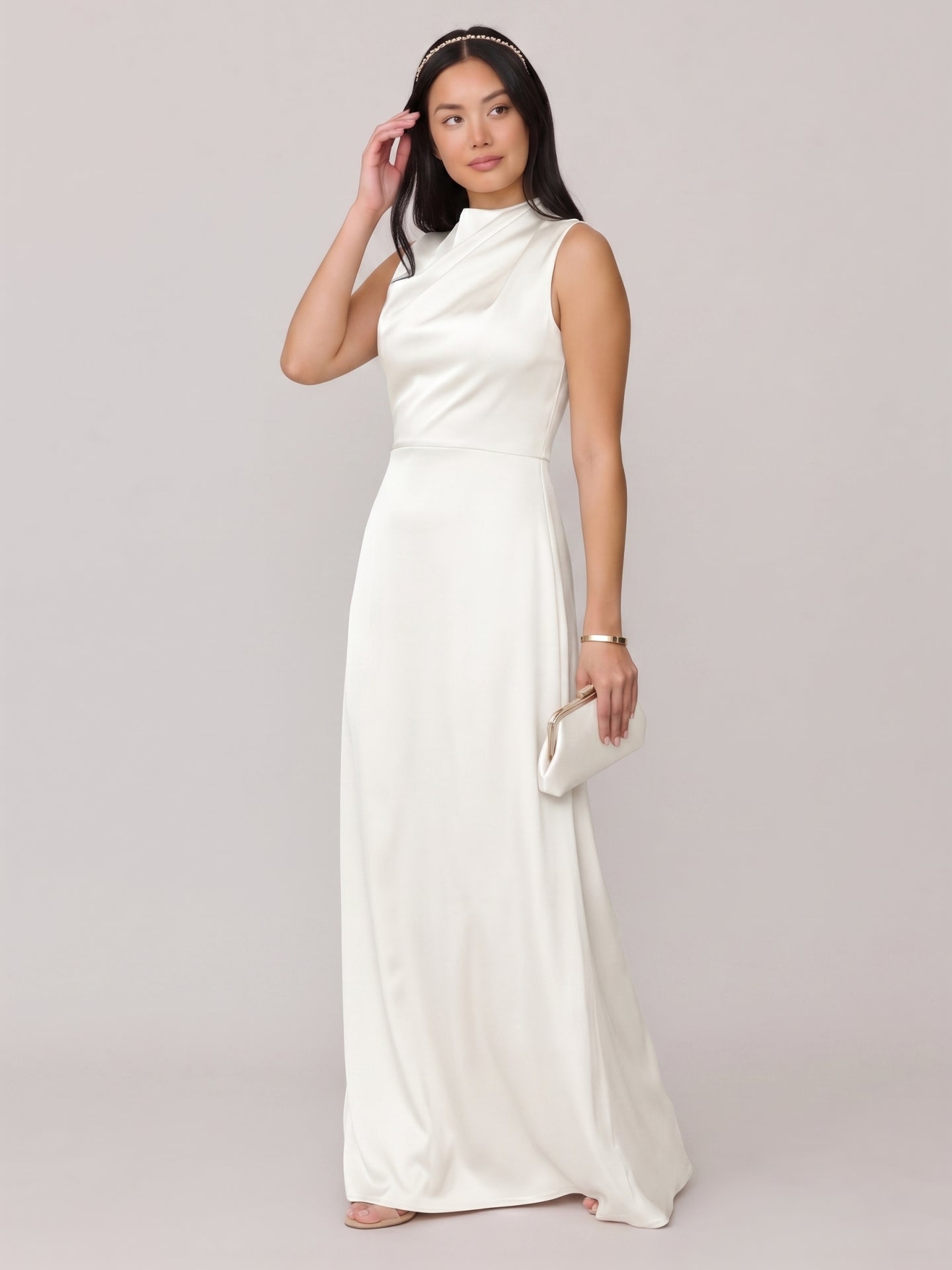 Modest Ivory Satin Sheath Scoop Neck Back Zip Ankle-Length Bridesmaid Dress
