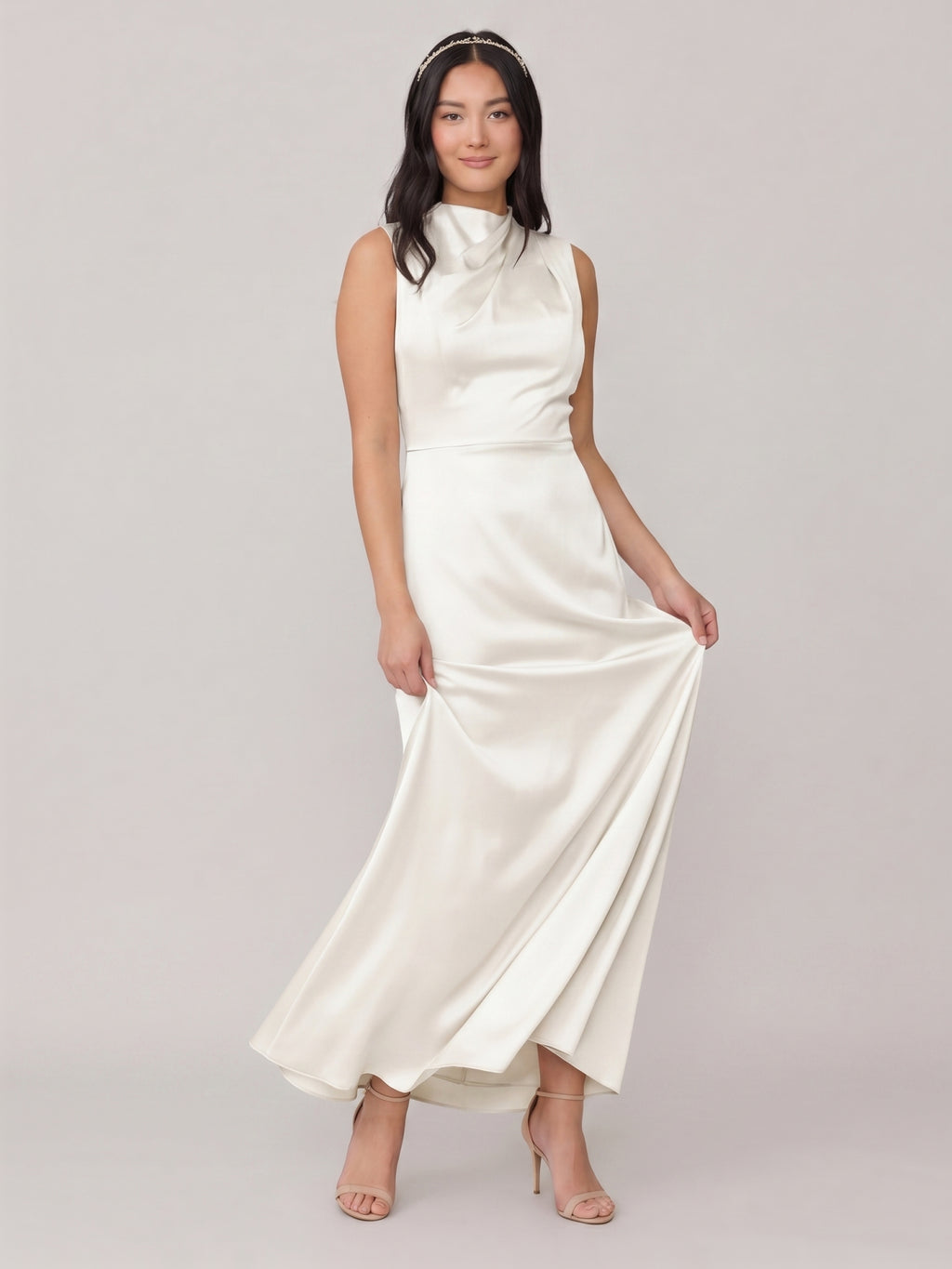 Modest Ivory Satin Sheath Scoop Neck Back Zip Ankle-Length Bridesmaid Dress