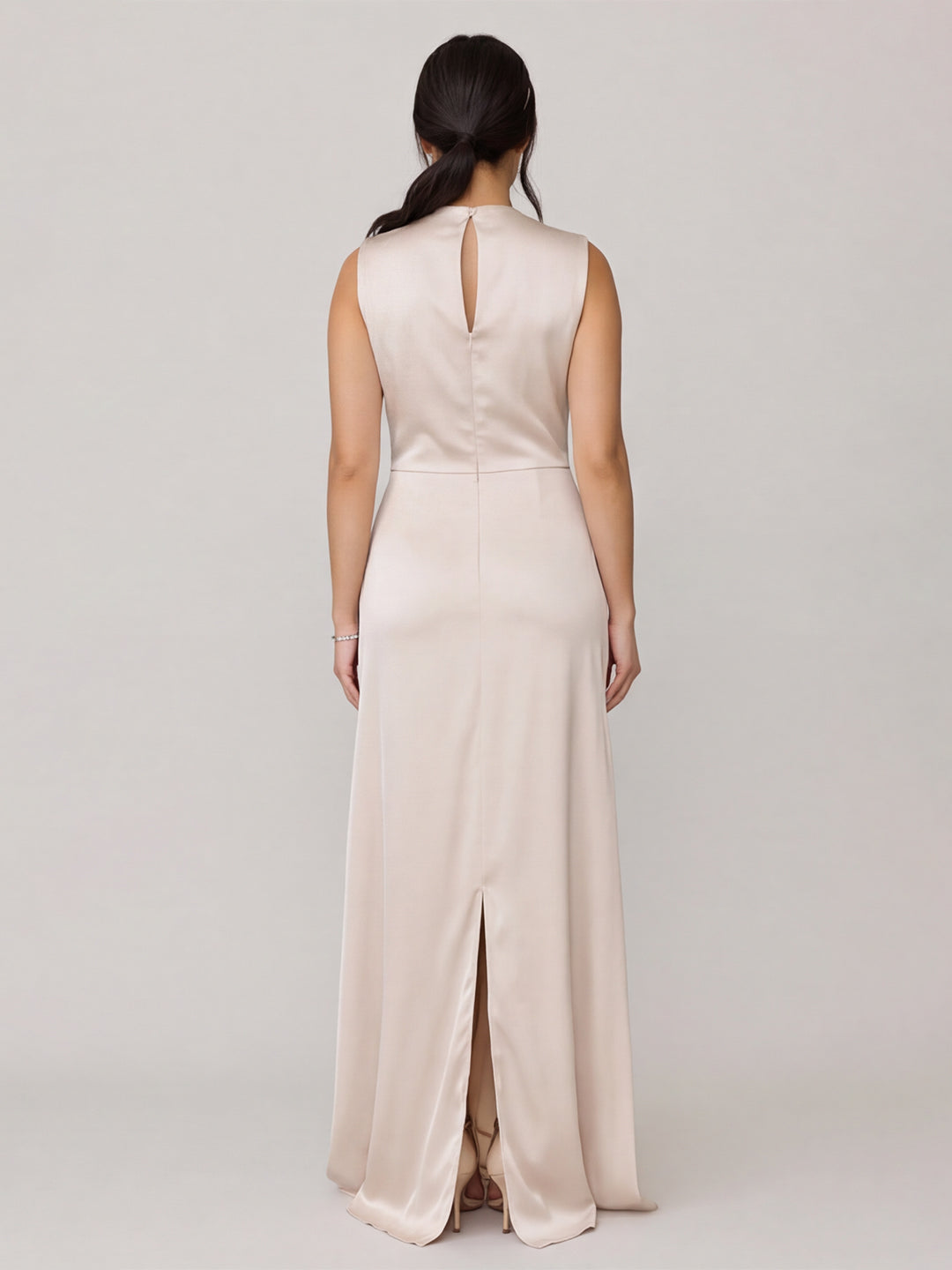 Modest Ivory Satin Sheath Scoop Neck Back Zip Ankle-Length Bridesmaid Dress